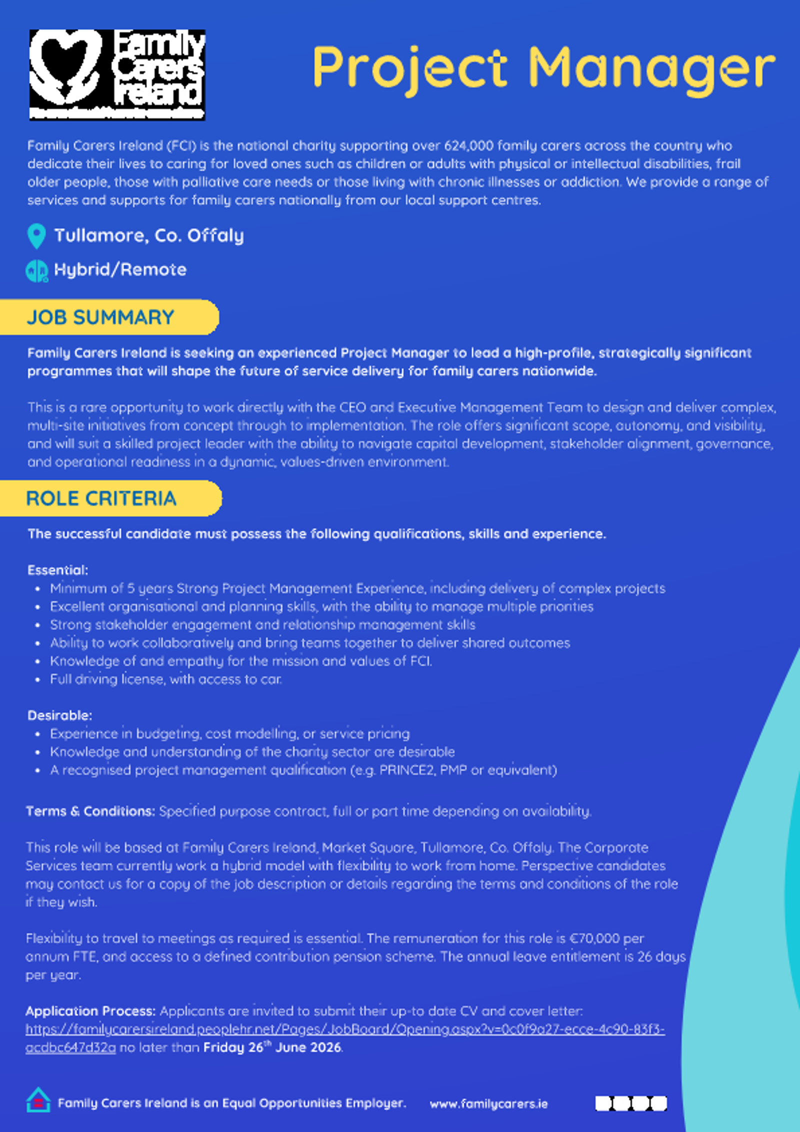 Family Carers Ireland Project Manager Job Advertisement