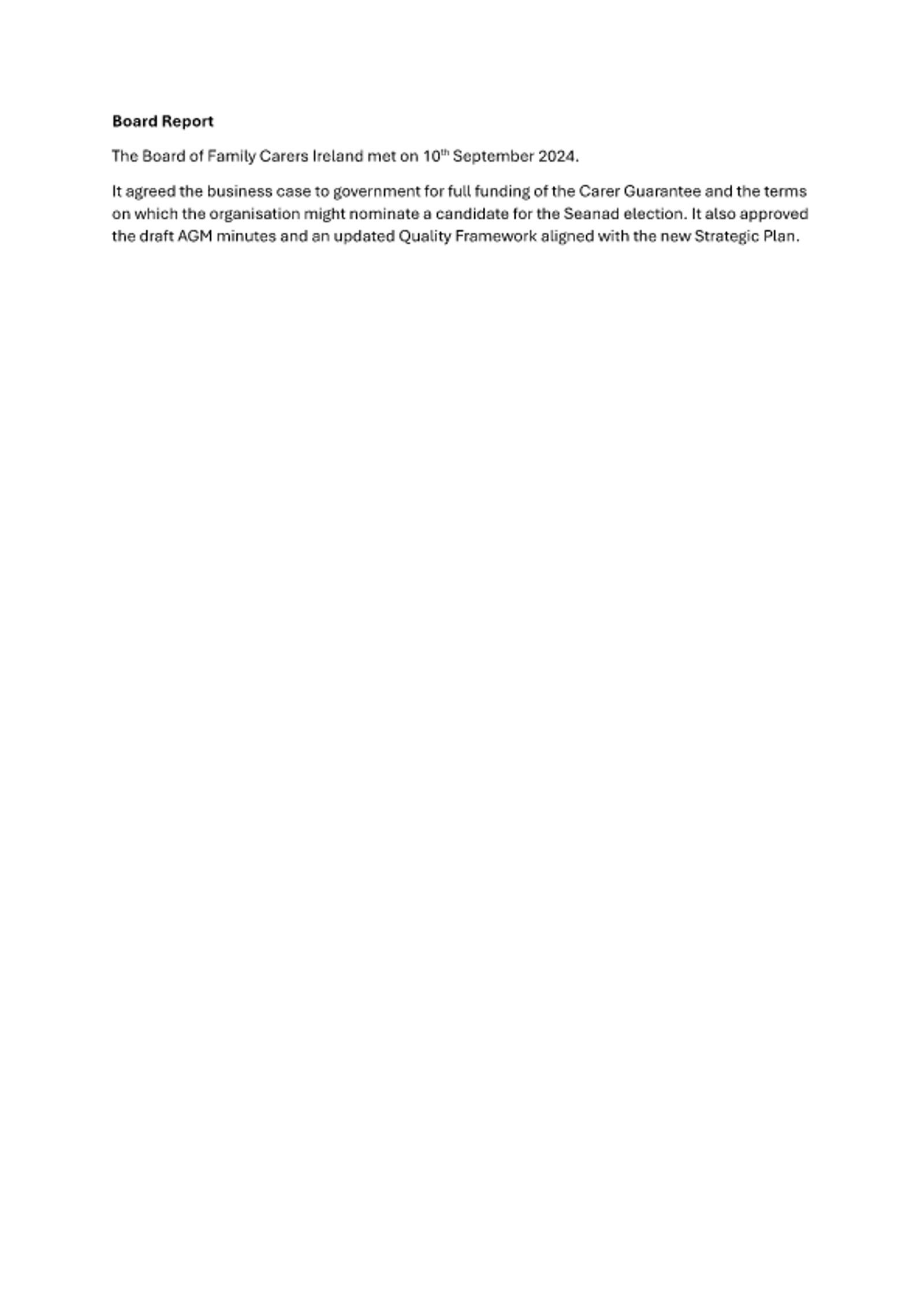 Board Report - 10th September 2024