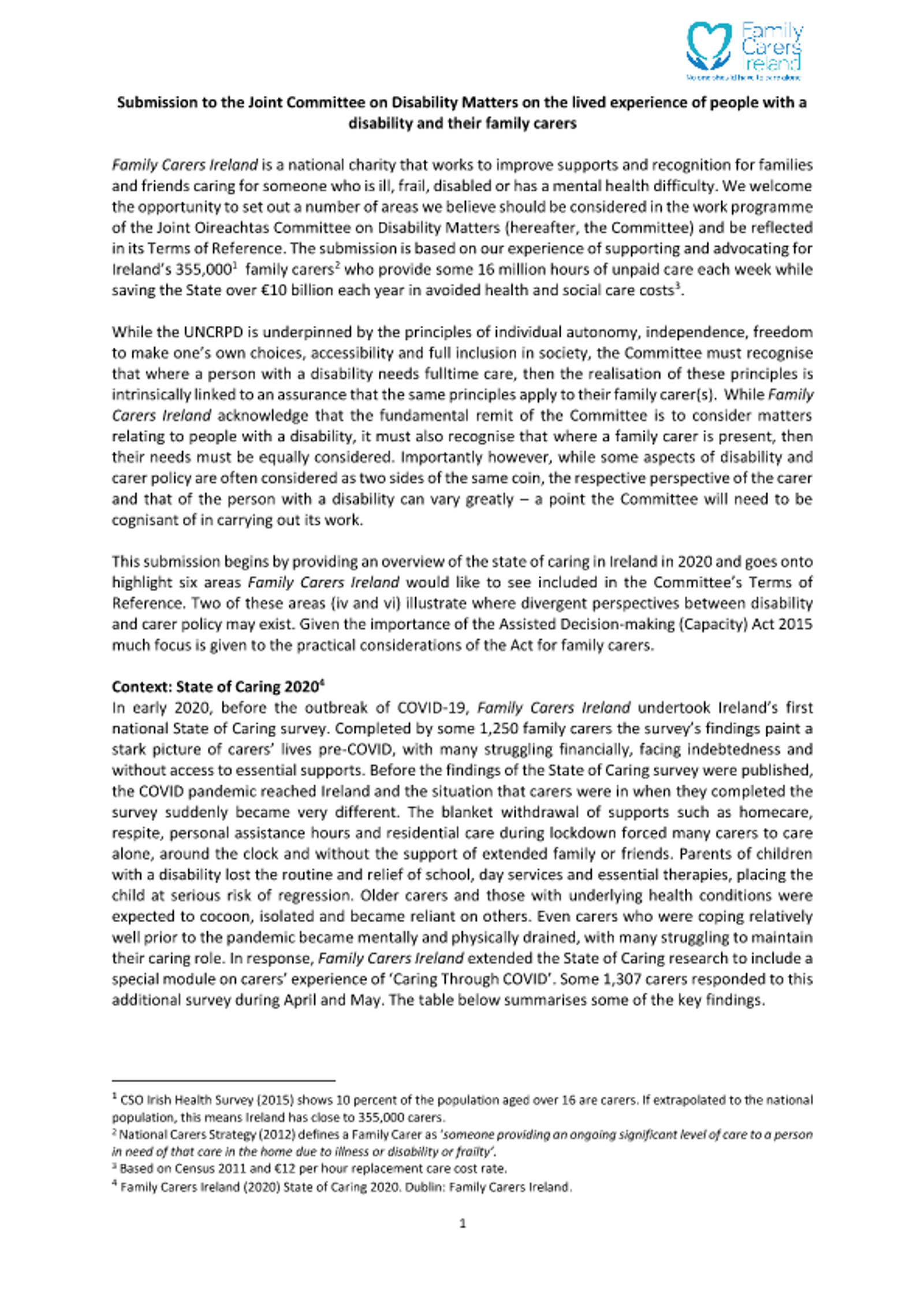 Submission To The Joint Committee On Disability Matters On The Lived Experience Of People With A Disability And Their Family Carers (2020)