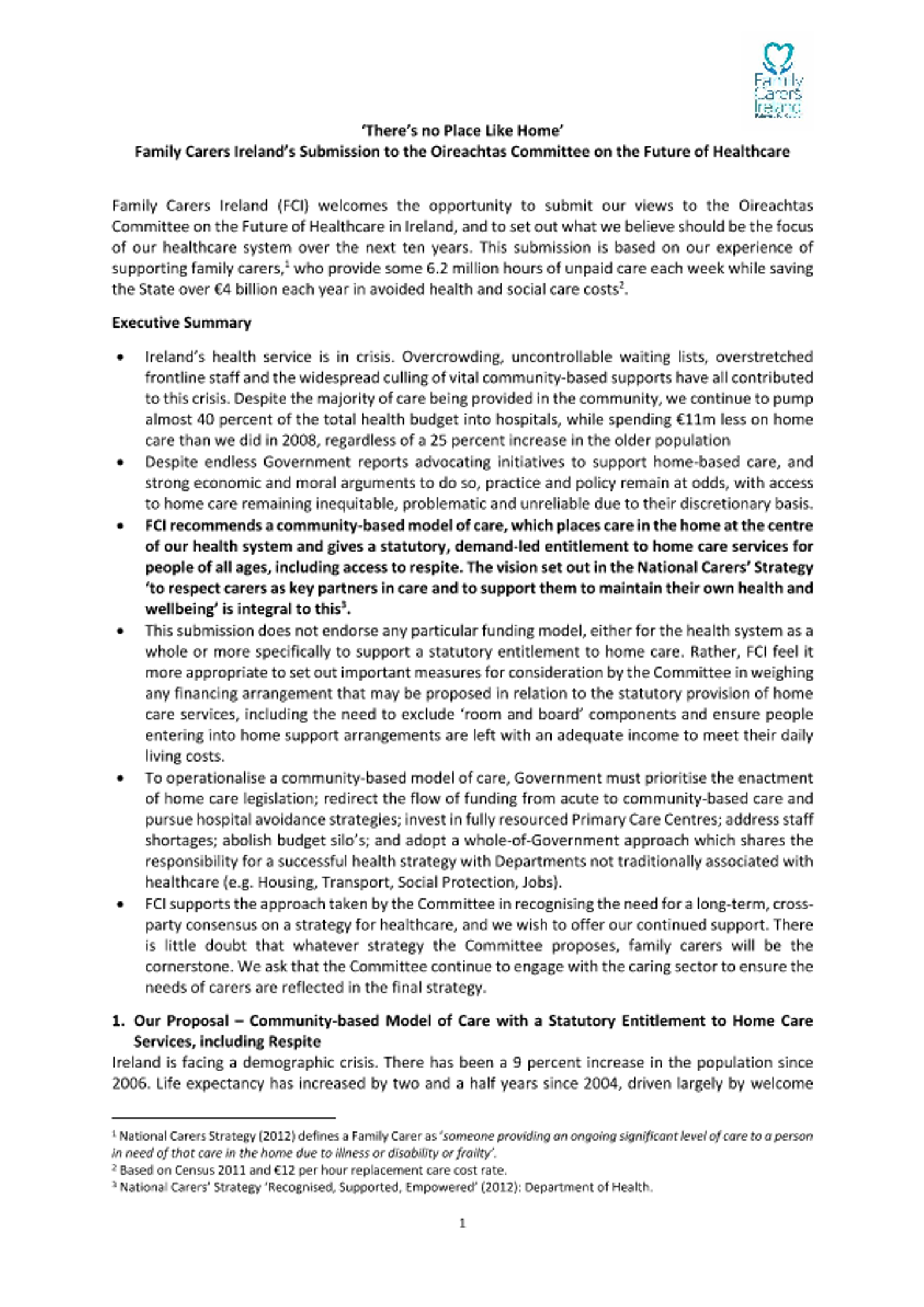 Submission To The Oireachtas Committee On The Future Of Healthcare ‘There’s No Place Like Home’ (2018)