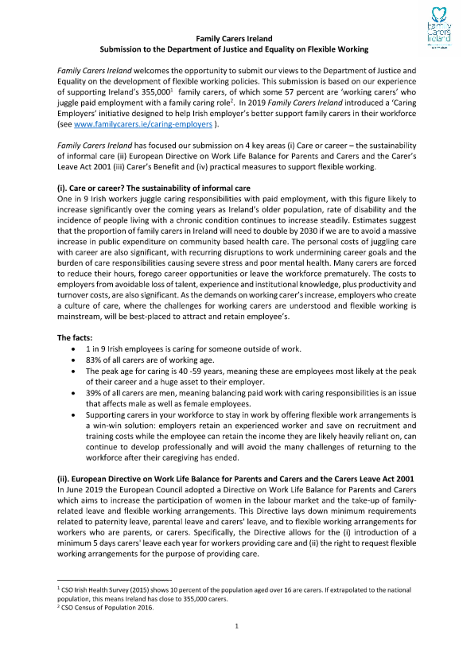 Submission To The Department Of Justice On The Flexible Working And EU Directive On Work Life Balance For Parents And Carers (2020)