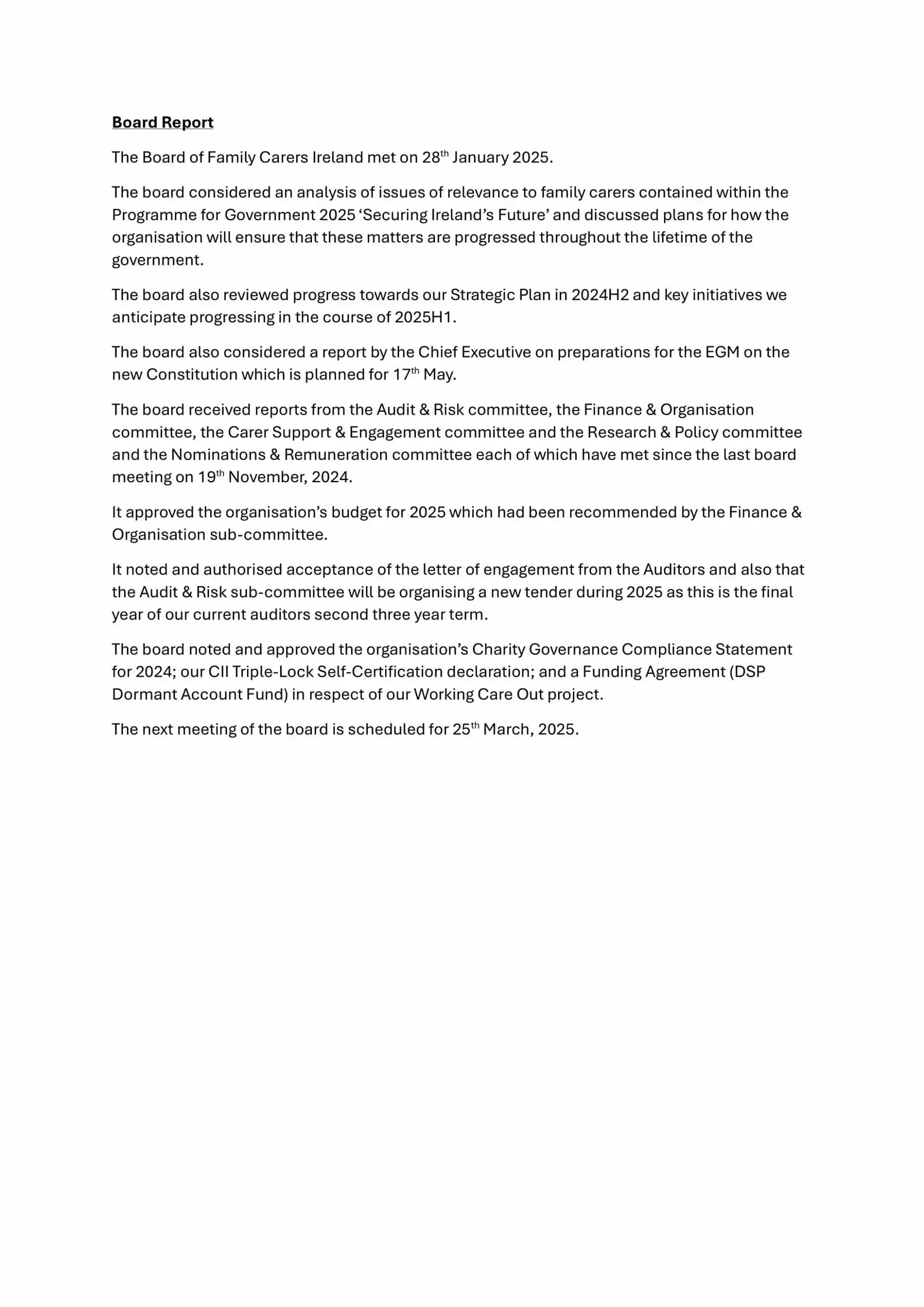 Board Report - 28th January 2025