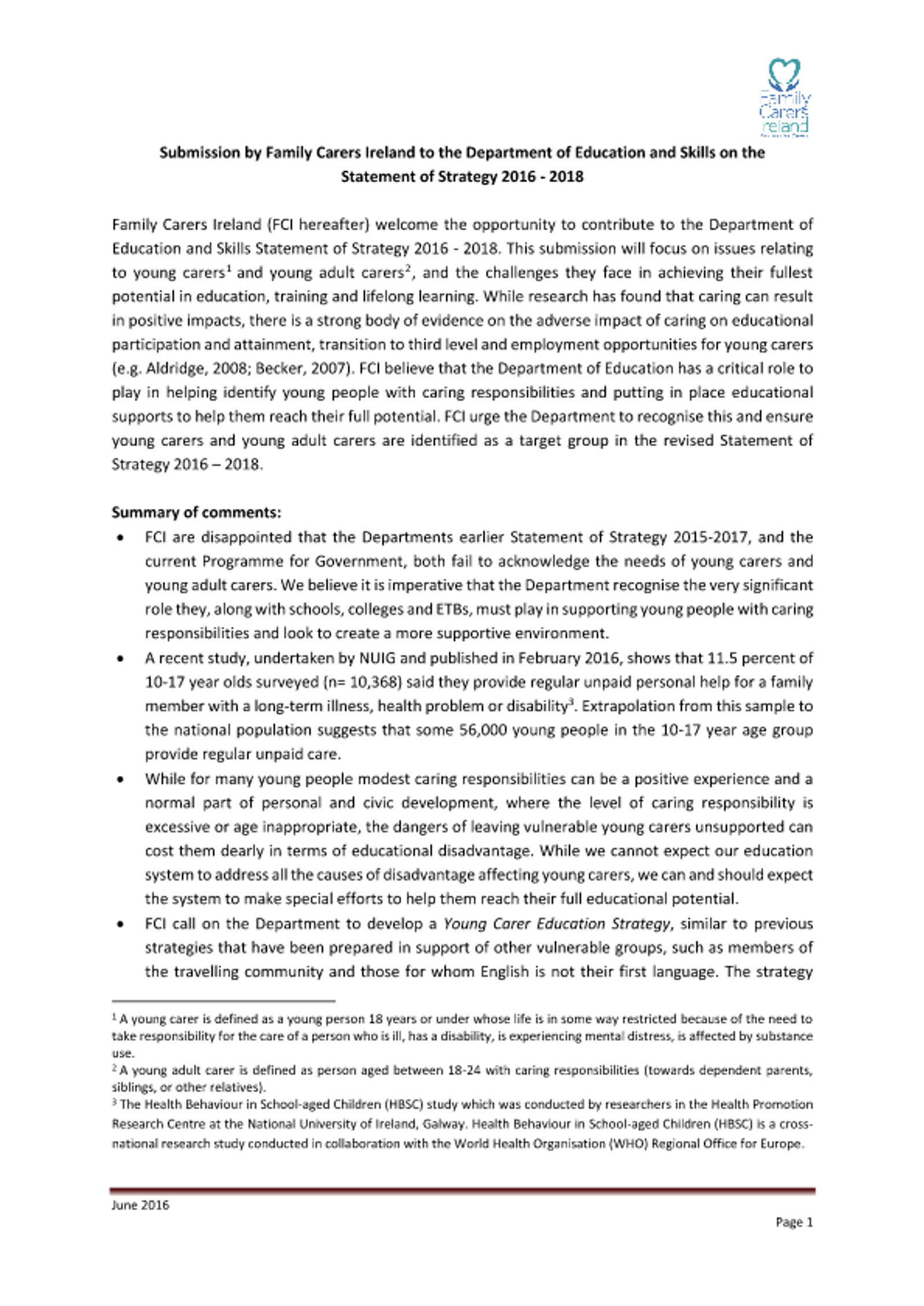 Submission To The Department Of Education And Skills On The Statement Of Strategy 2016-2018 (2016)