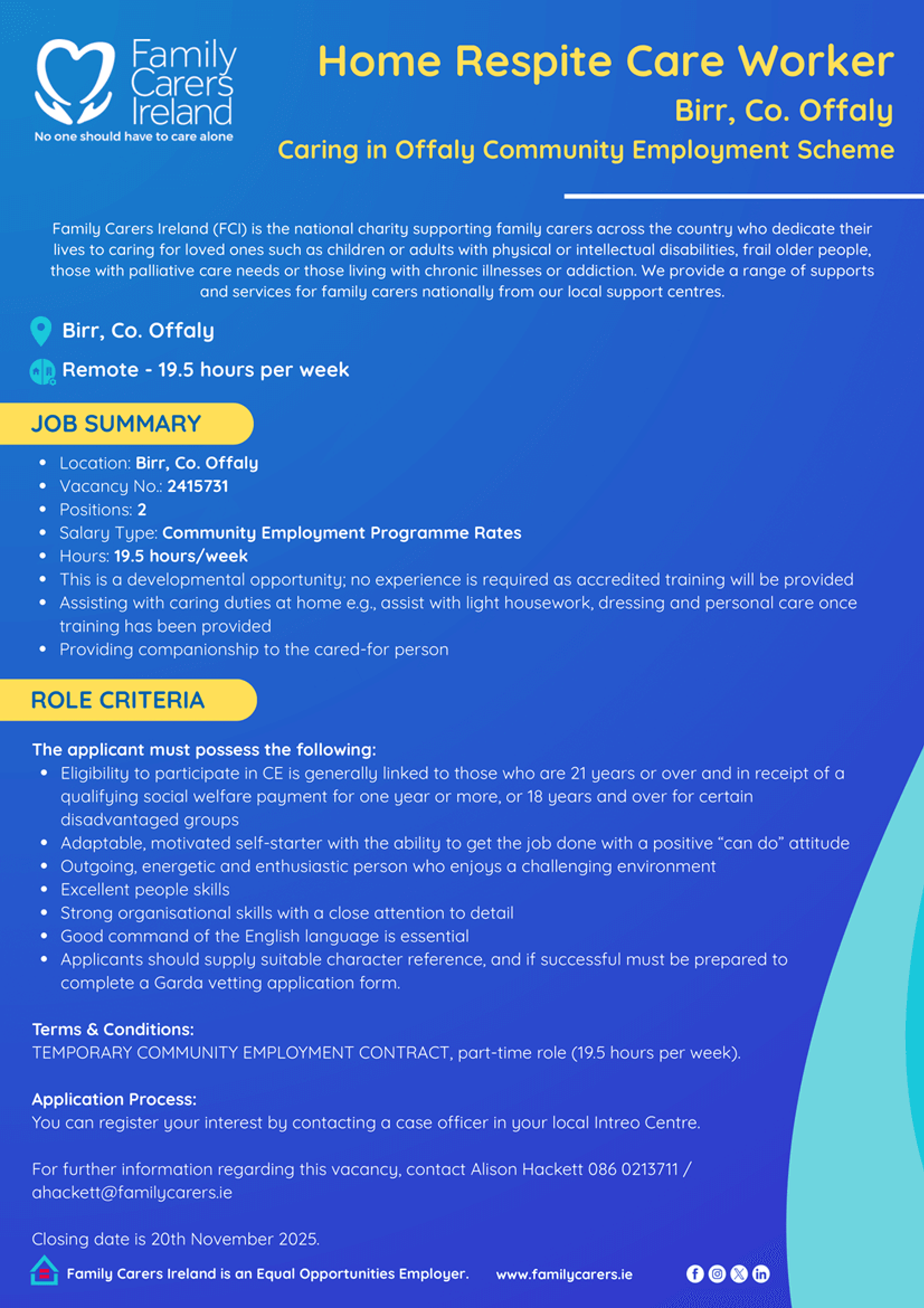 Home Respite Care Worker (Birr): Caring in Offaly (CE Scheme)