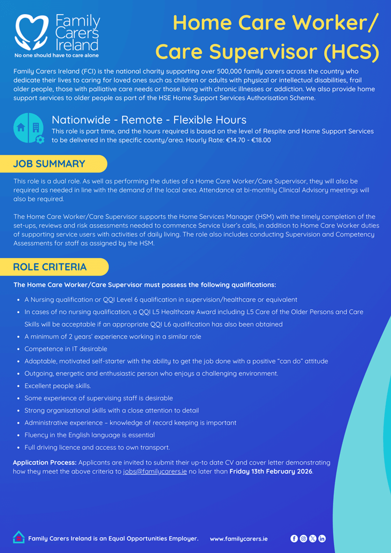 Home Care Worker/Care Supervisor (HCS) - Nationwide