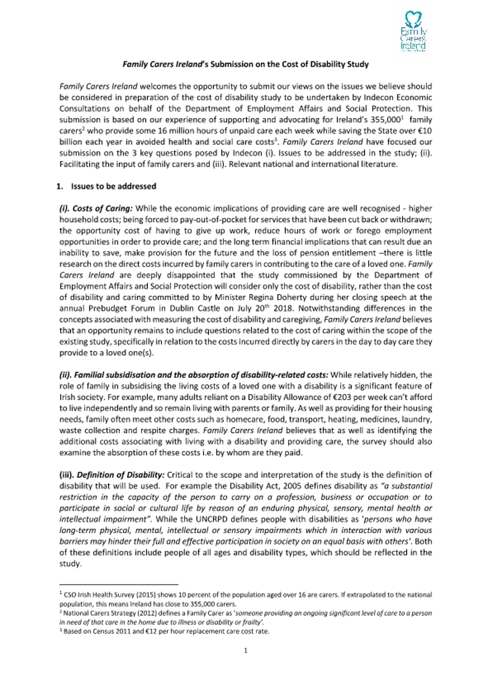 Submission To Indecon And The Department Of Employment Affairs And Social Protection On The Cost Of Disability Study (2019)