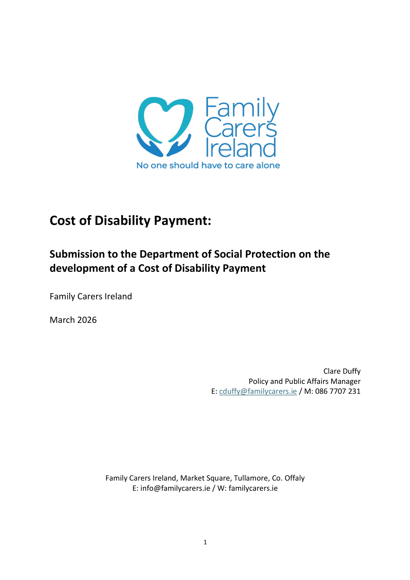 Submission To The Department Of Social Protection On The Development Of A Cost Of Disability Payment