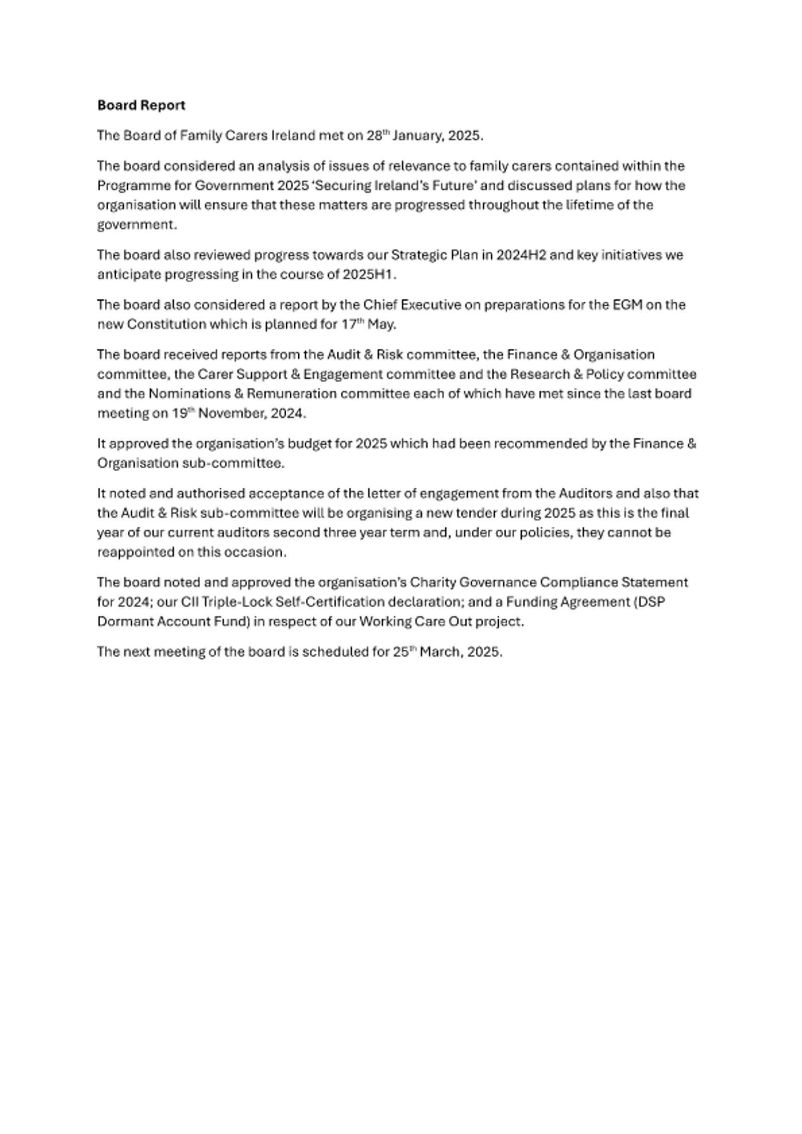 Board Report - 28th January 2025