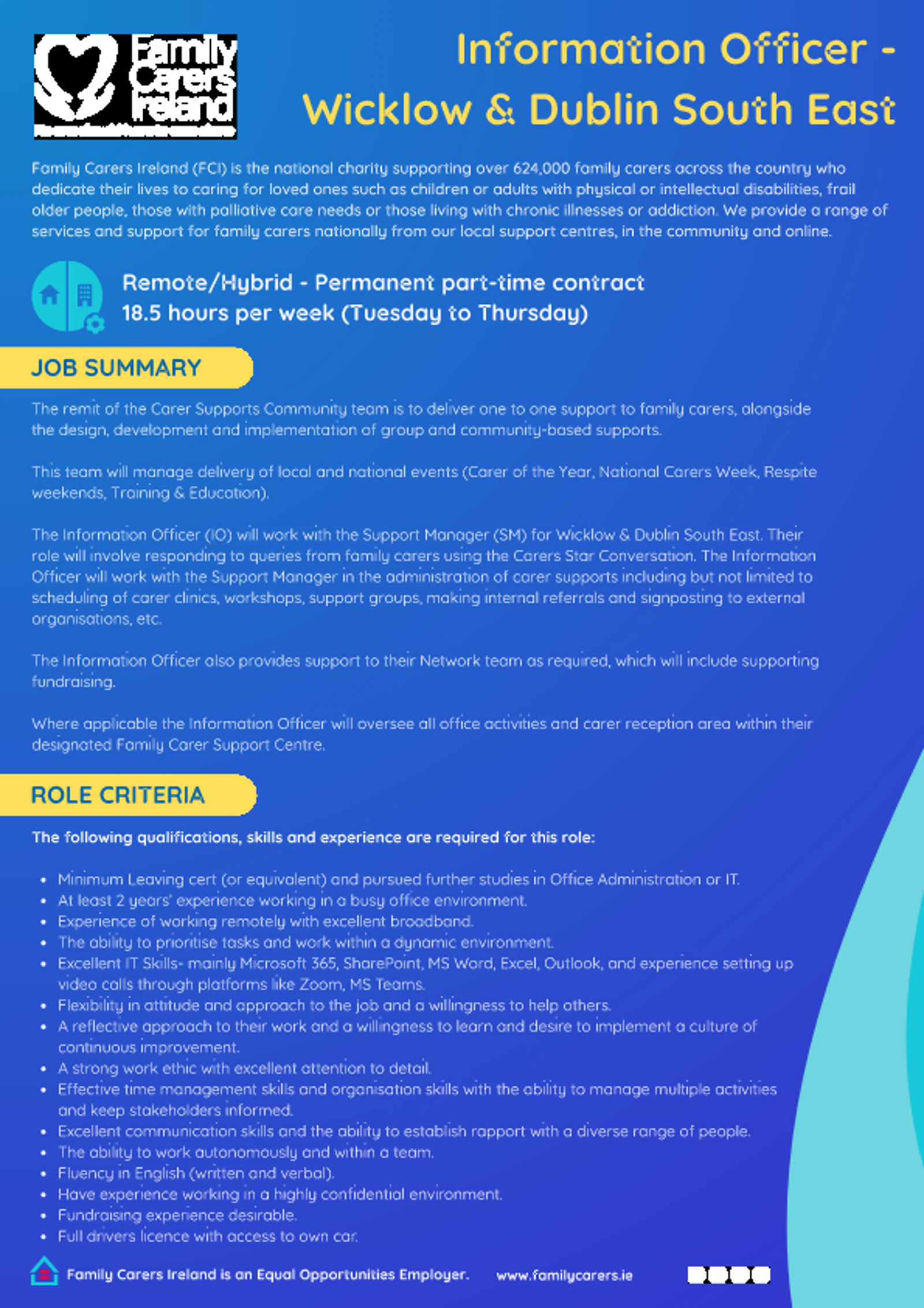 Family Carers Ireland Information Officer Wicklow & Dublin South East Job Advertisement