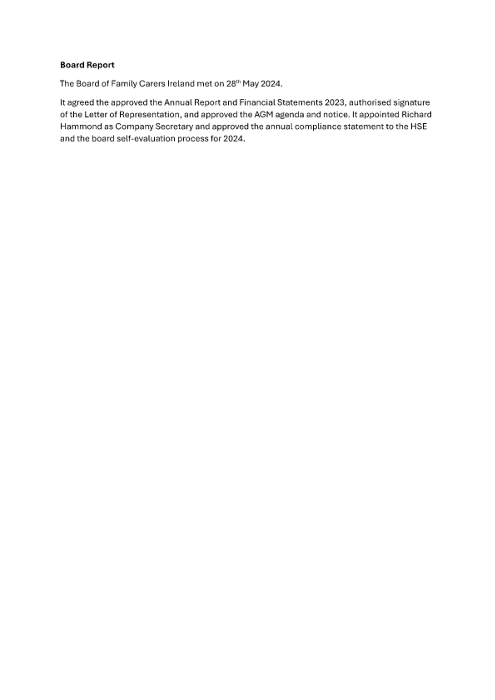Board Report - 28th May 2024