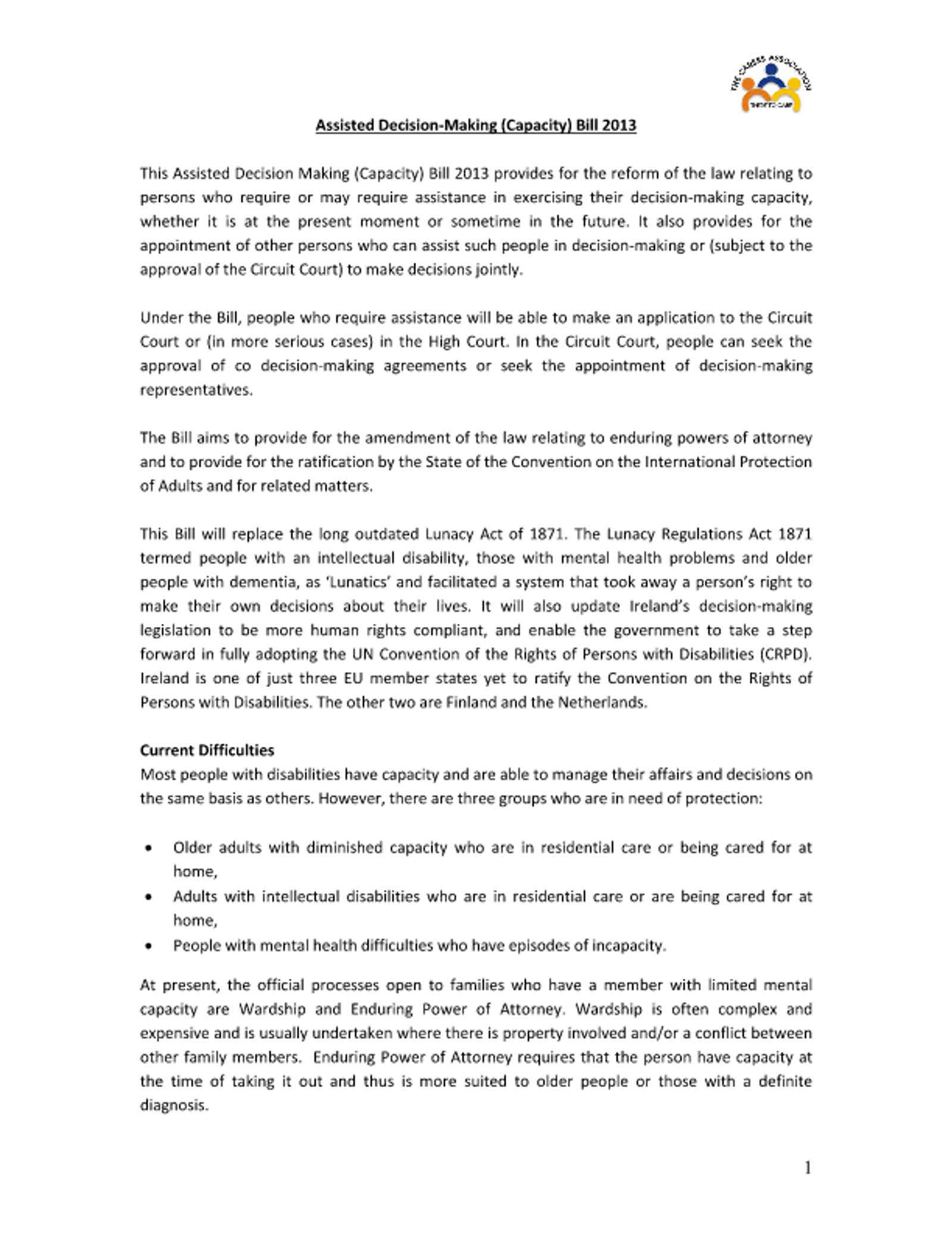 Briefing Paper On Assisted Decision Making (Capacity) Bill