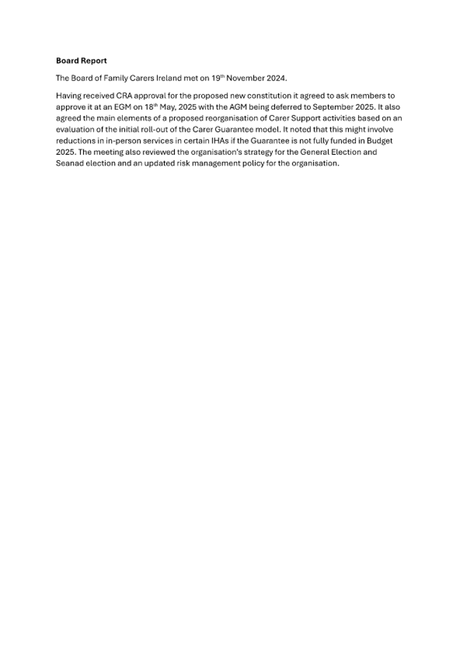 Board Report - 19th November 2024