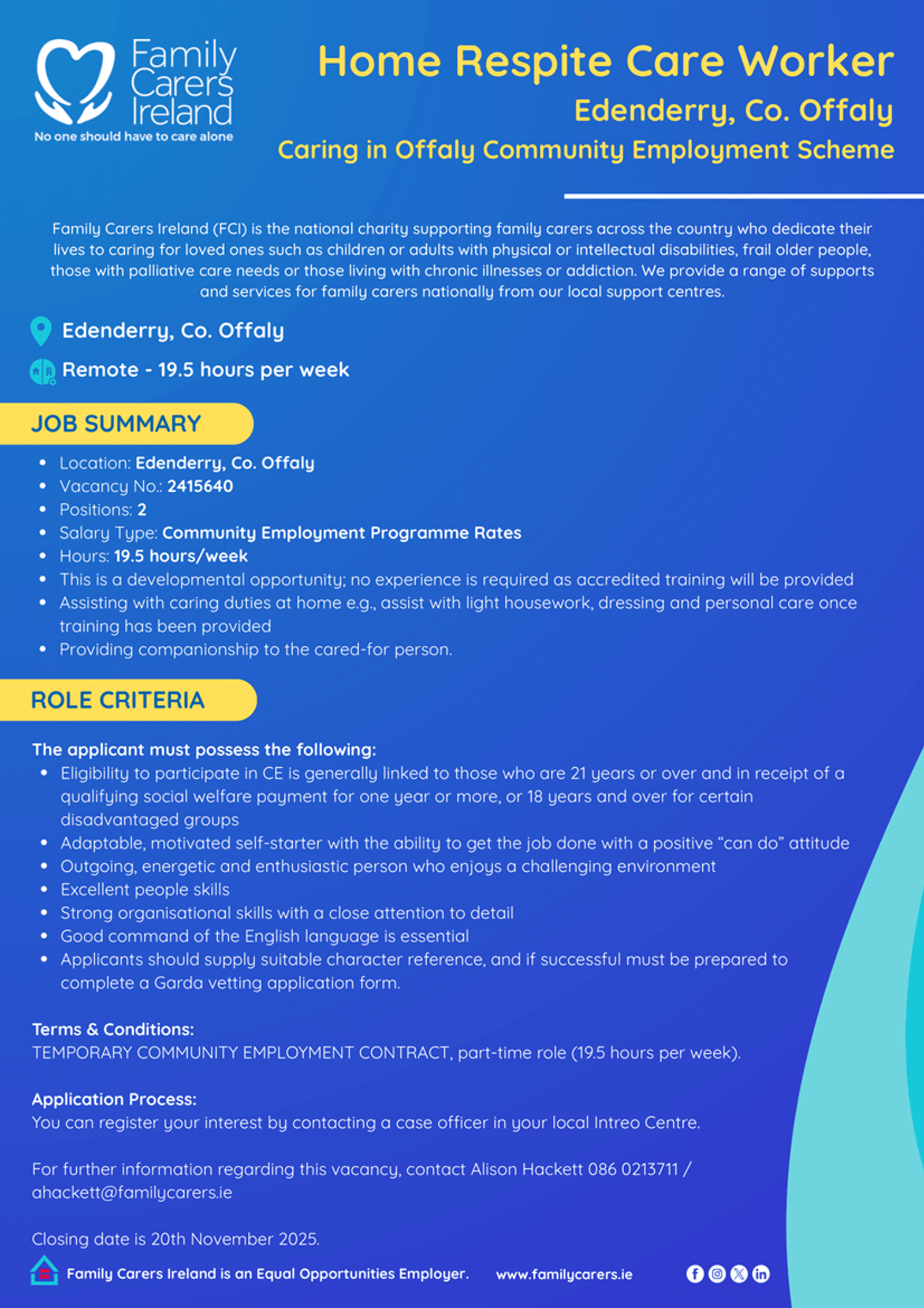 Home Respite Care Worker (Edenderry): Caring in Offaly (CE Scheme)