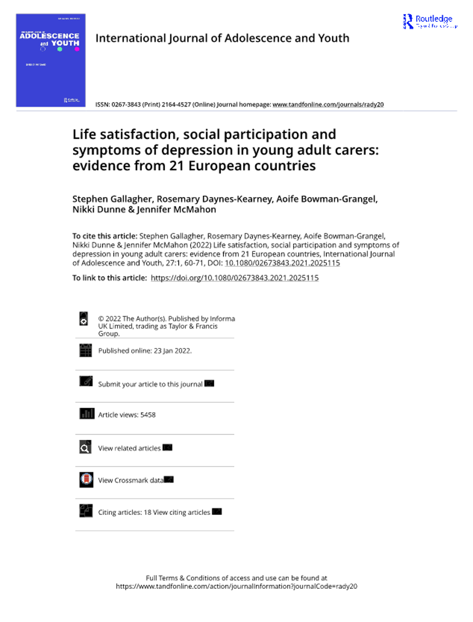Life Satisfaction Social Participation And Symptoms Of Depression In Young Adult Carers Evidence From 21 European Countries