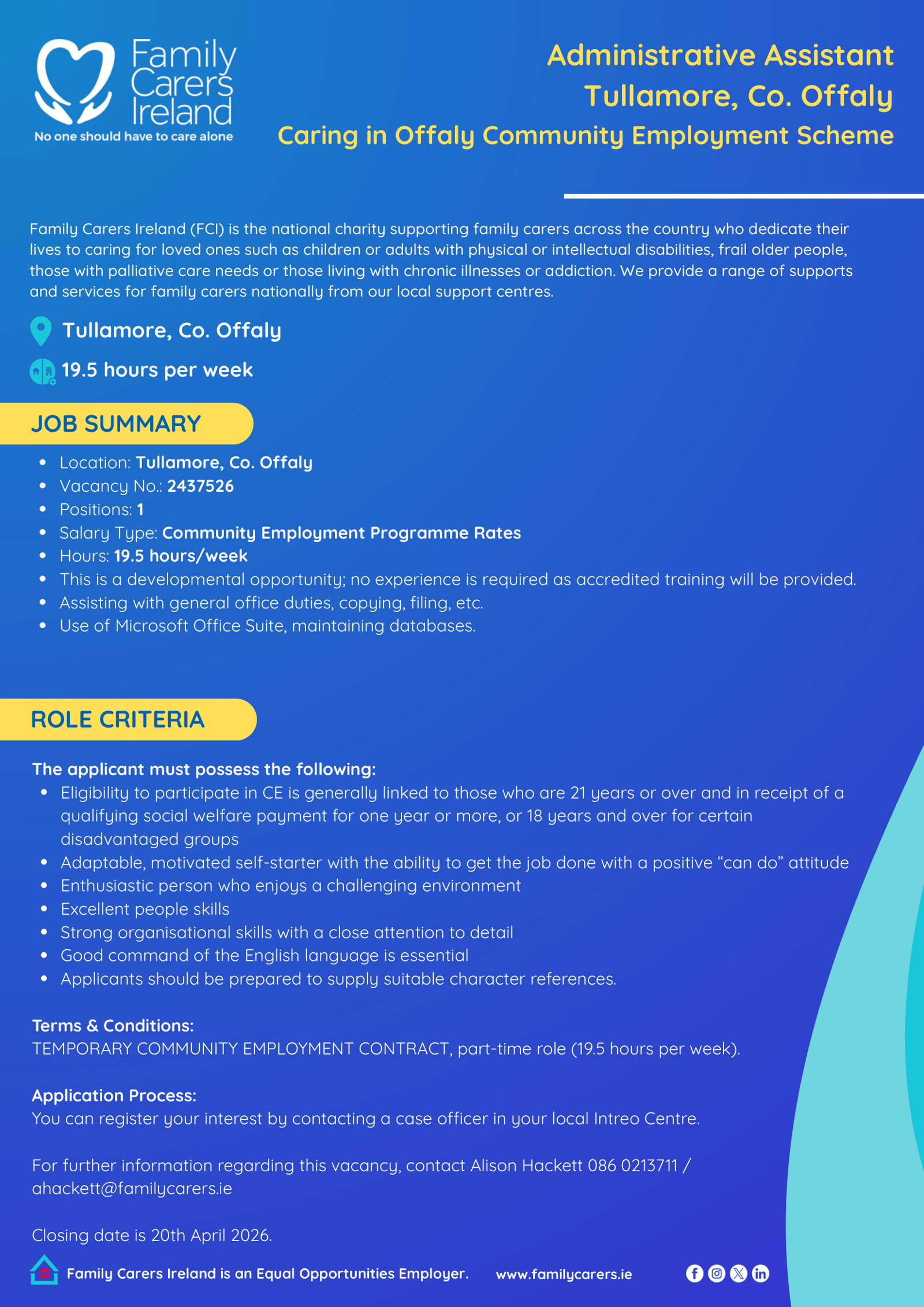 Administrative Assistant (Tullamore): Caring in Offaly (CE Scheme)