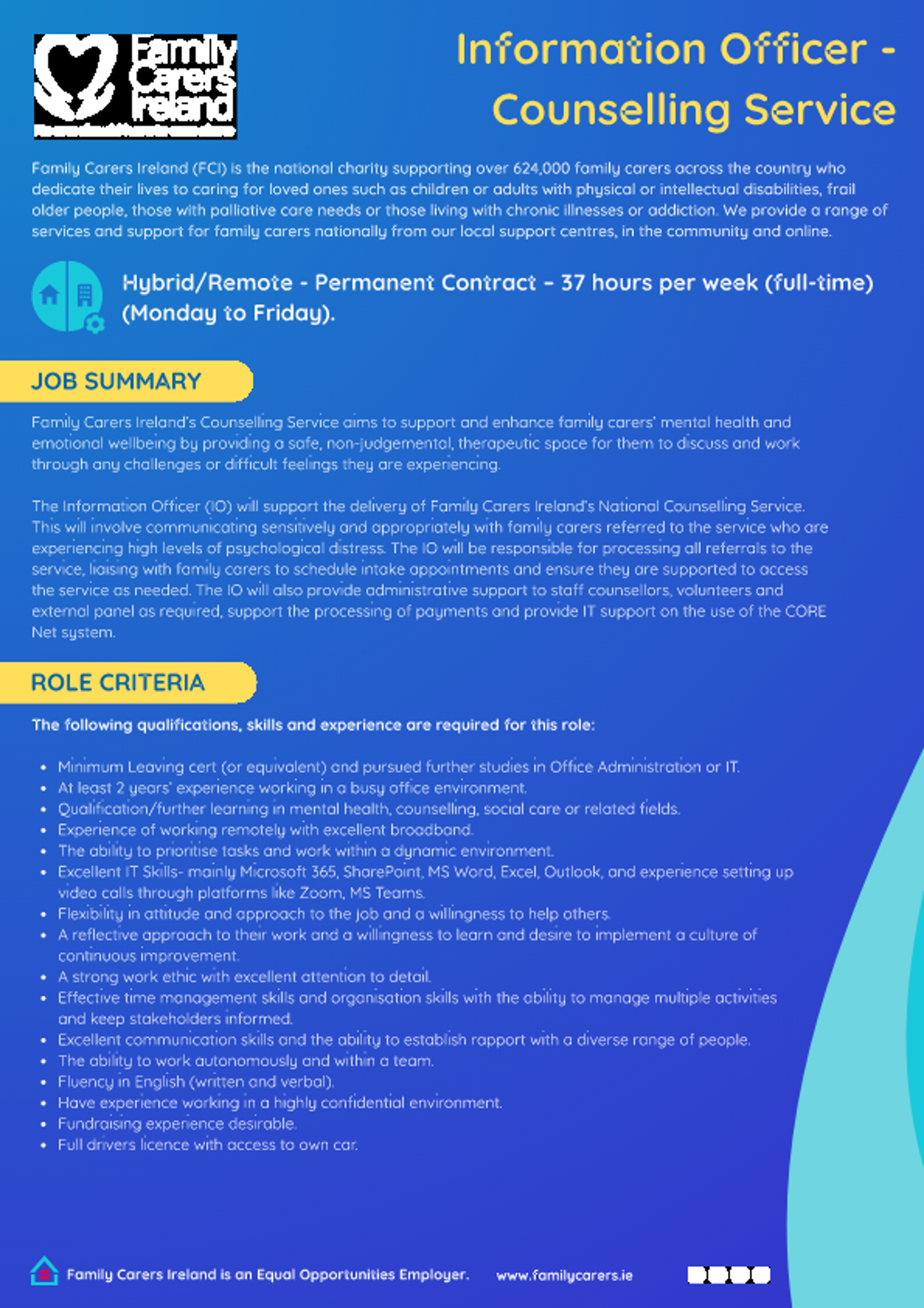 Family Carers Ireland Information Officer Counselling Service Job Advertisement