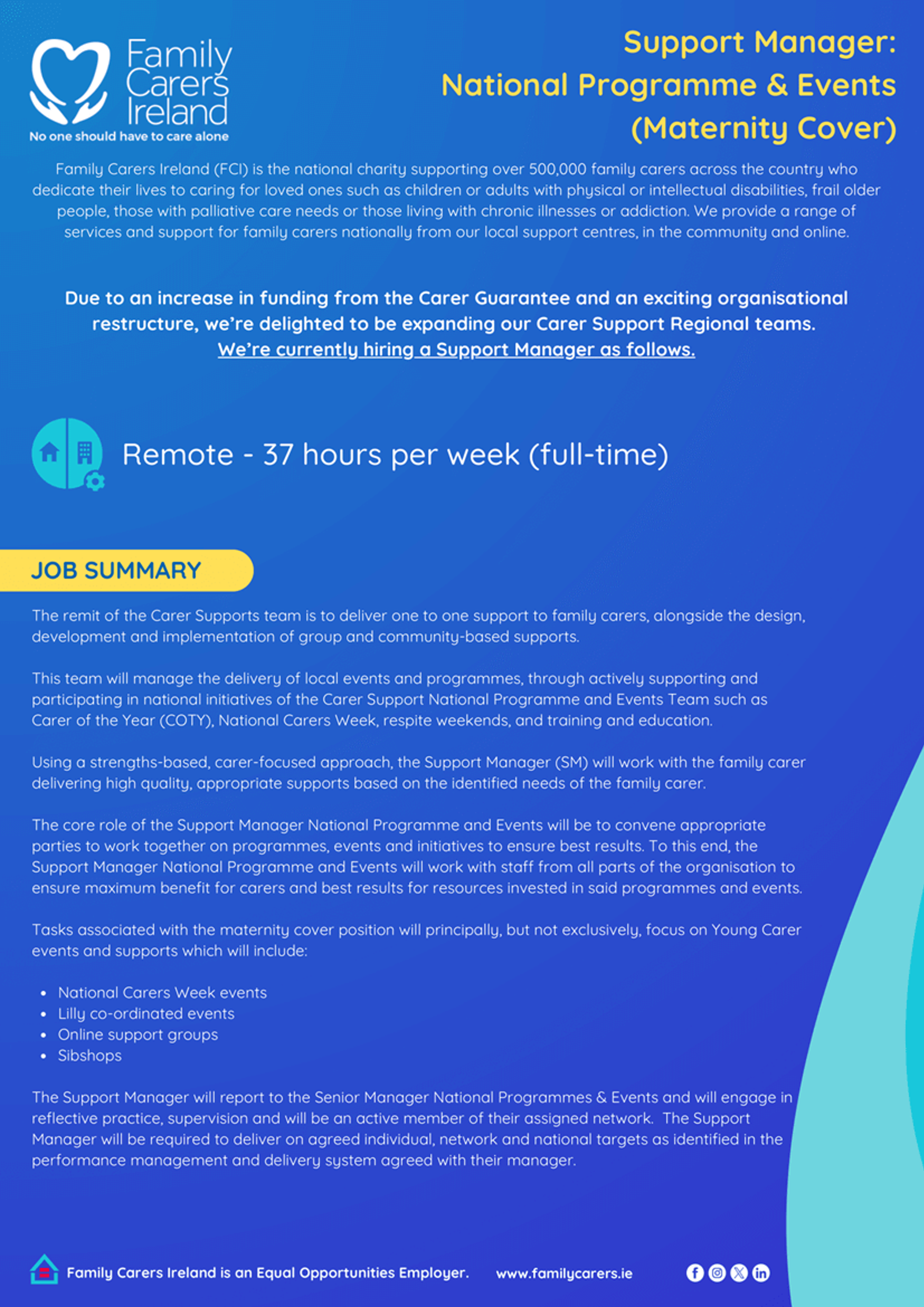 Support Manager: National Programme & Events (Maternity Cover)