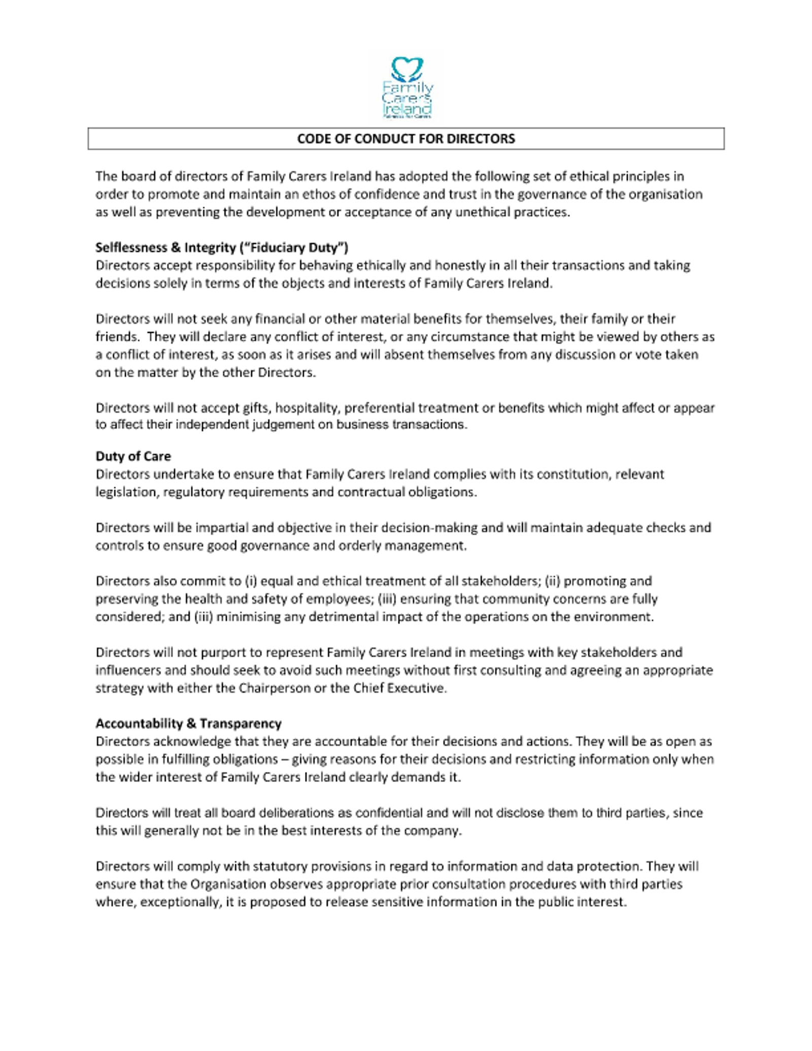 Fci Code Of Conduct For Directors