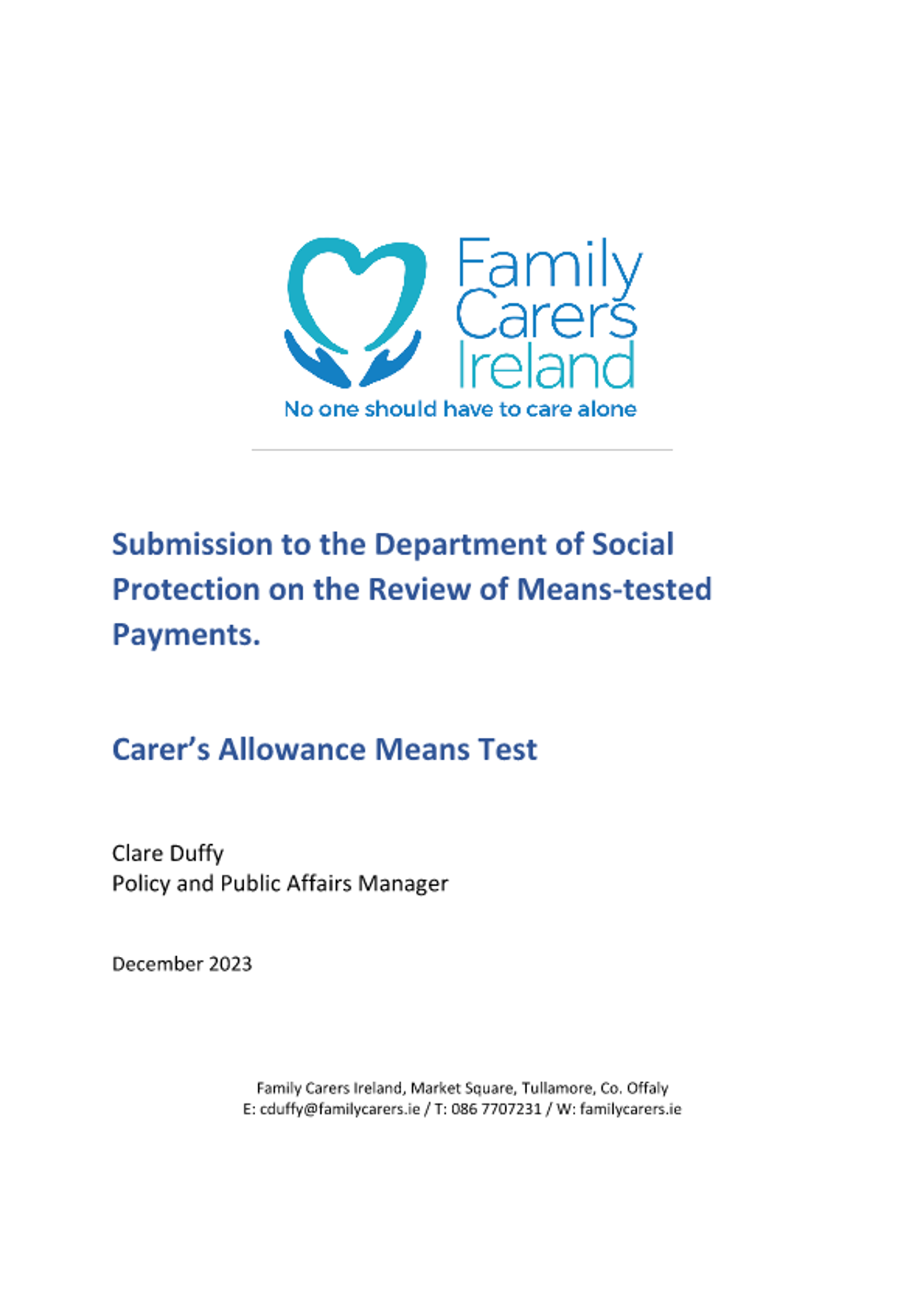 Submission To The Department Of Social Protection On The Carer's Allowance Means Test (2024)
