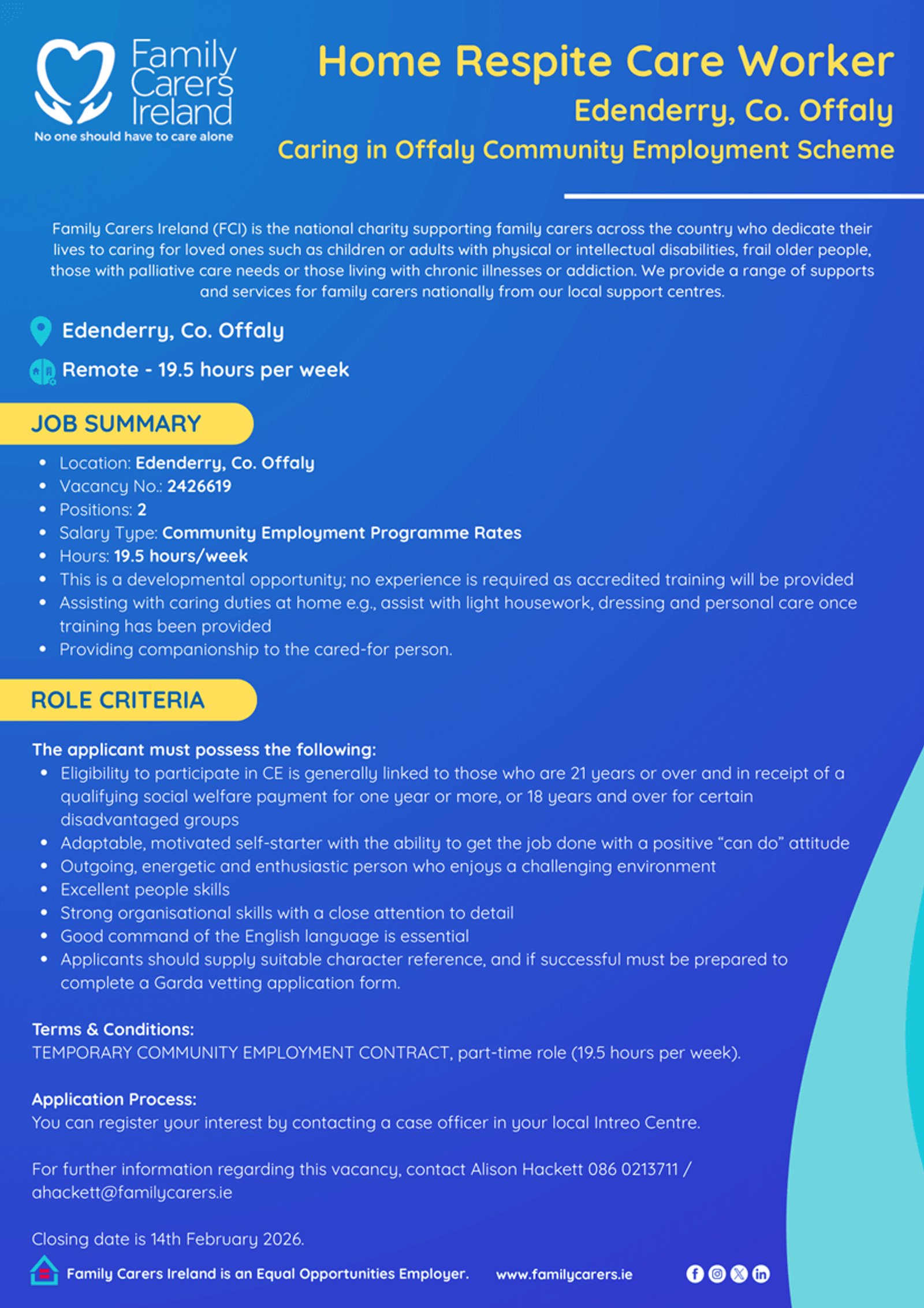 Home Respite Care Worker (Edenderry): Caring in Offaly (CE Scheme)