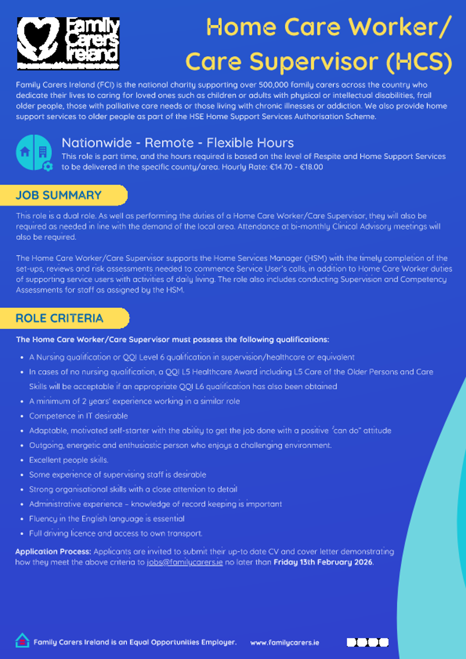 Family Carers Ireland Job Advertisement Home Care Worker Care Supervisor