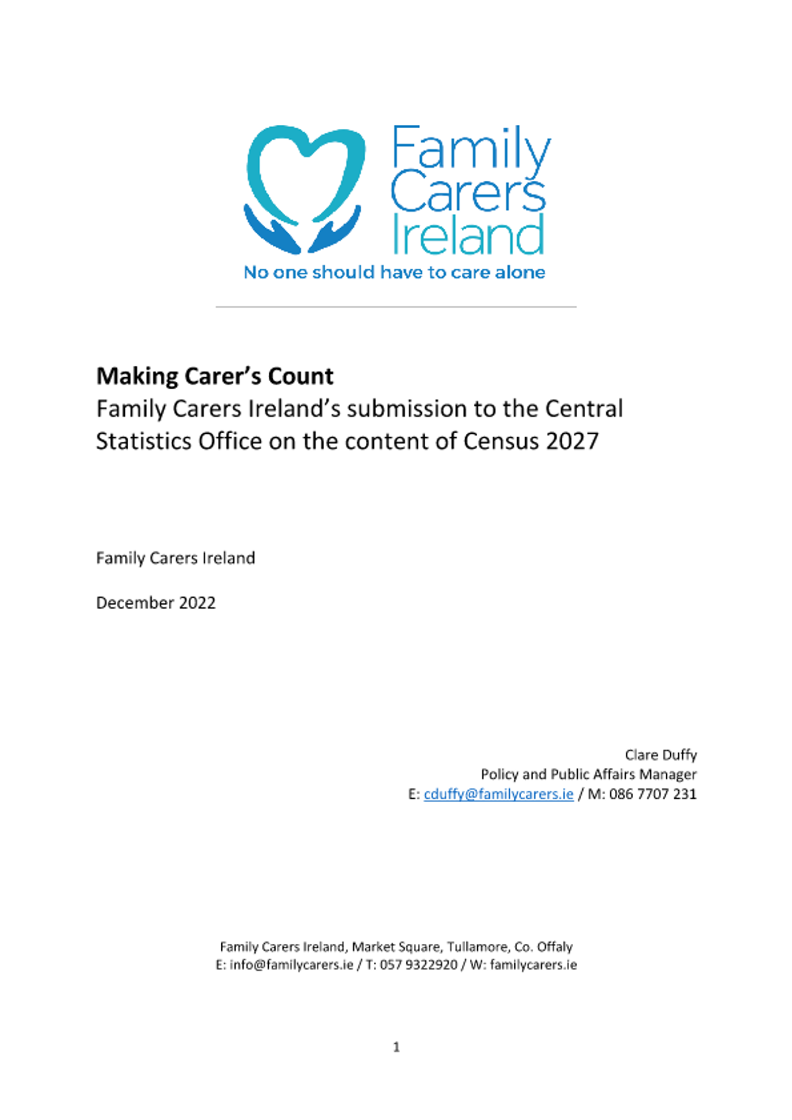 Making Carers Count Submission To The Central Statistics Office On The Content Of Census 2027 (2022)
