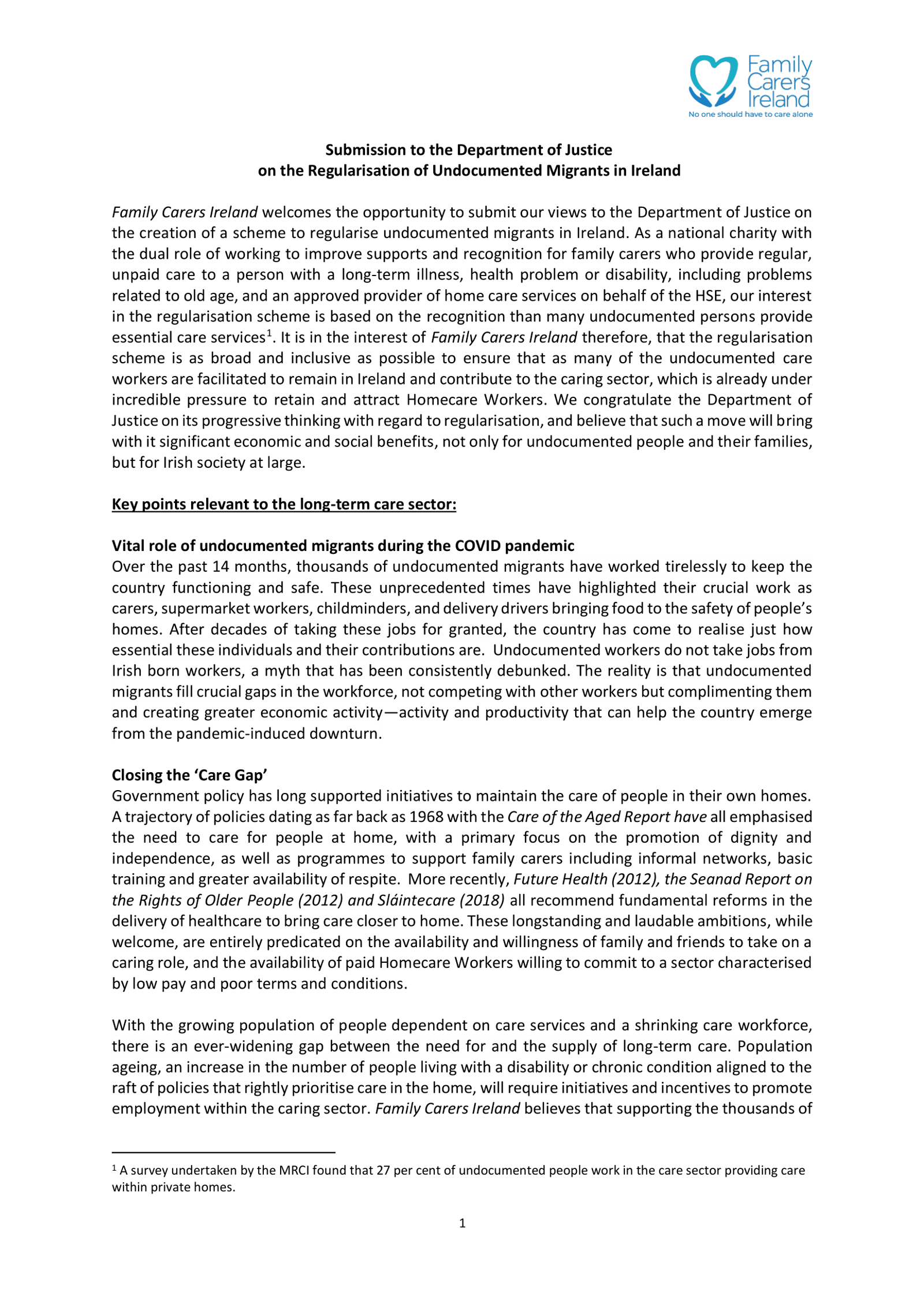 Submission To The Department Of Justice On The Regularisation Of Undocumented Migrants In Ireland (2021)
