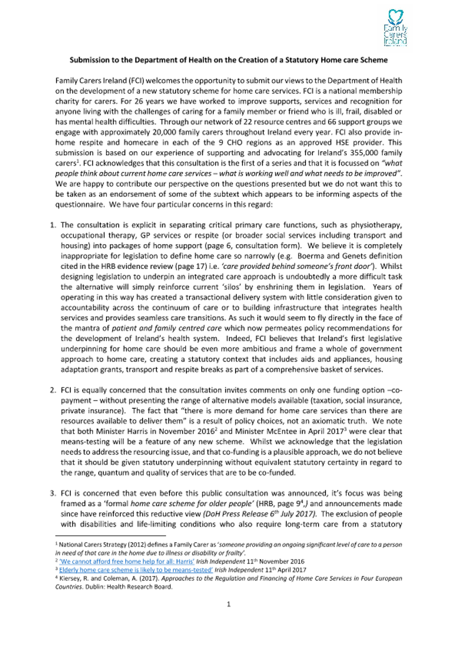 Submission To The Department Of Health On The Creation Of A Statutory Home Care Scheme (2017)