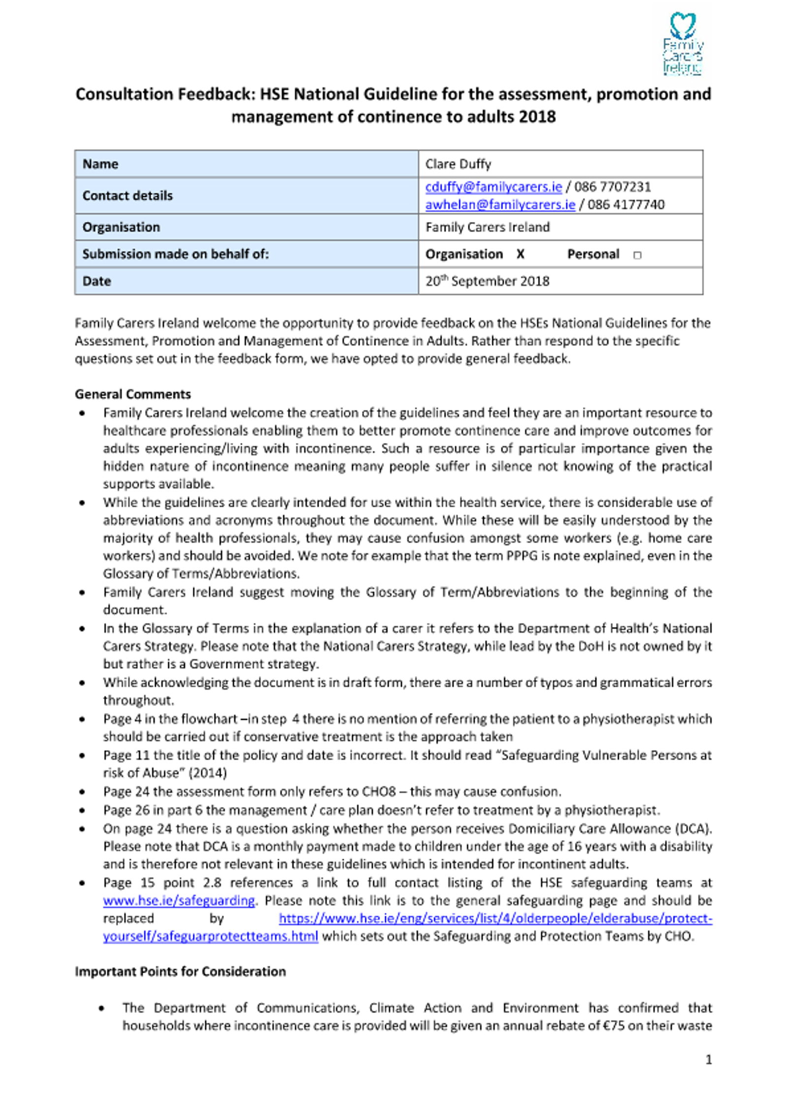 Submission To The HSE On National Guideline For The Assessment, Promotion And Management Of Continence To Adults (2018)