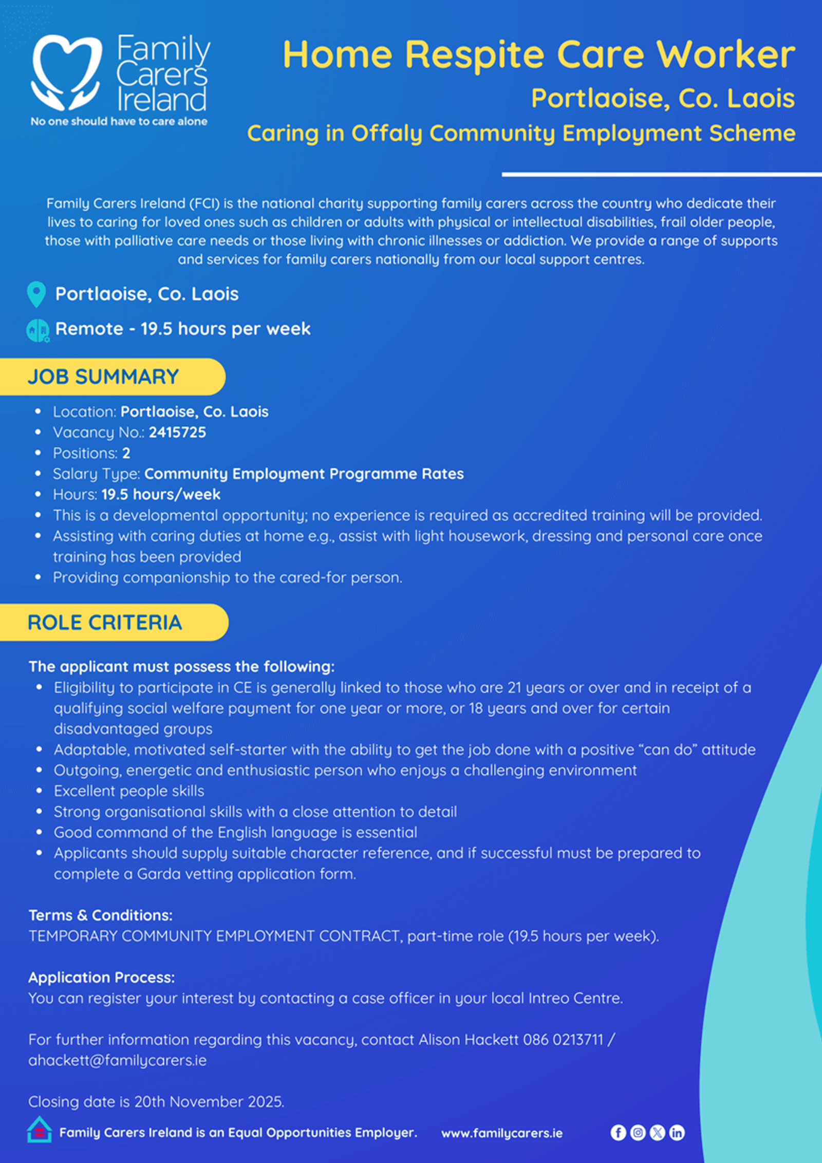 Home Respite Care Worker (Portlaoise): Caring in Offaly (CE Scheme)