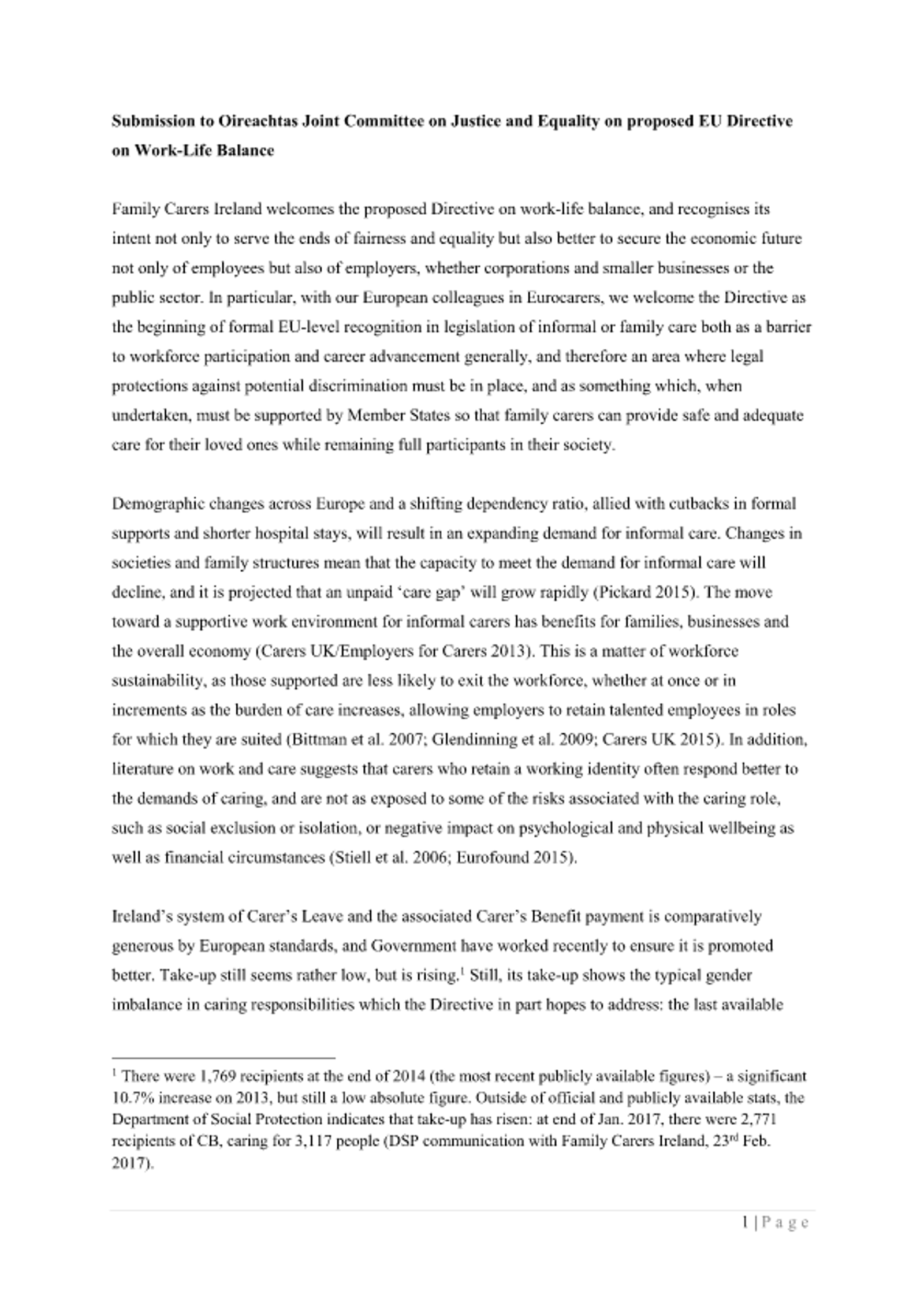 Submission To Oireachtas Joint Committee On Justice And Equality On Proposed EU Directive On Work Life Balance (2017)