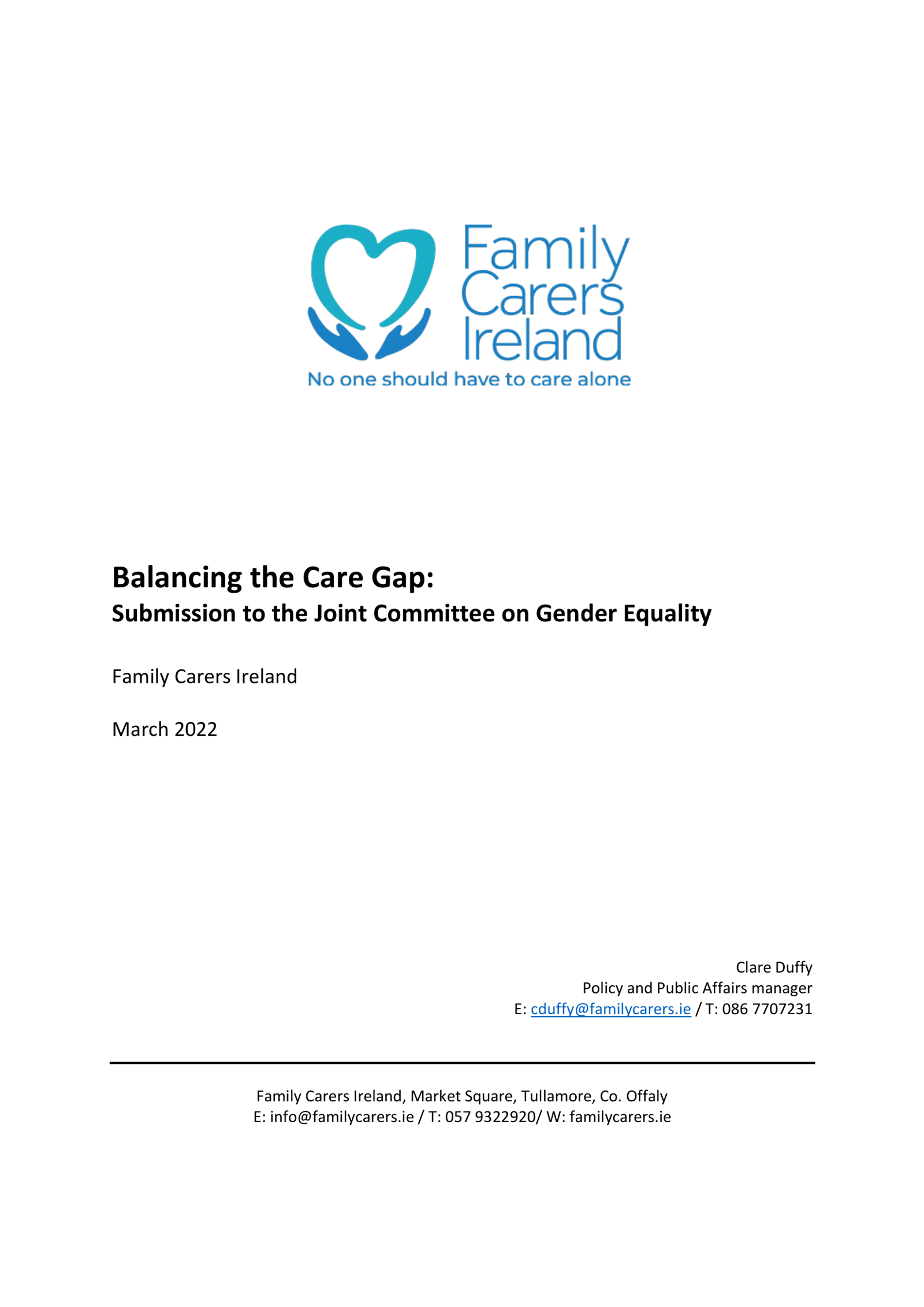 Balancing The Care Gap Submission To The Joint Committee On Gender Equality (2022)