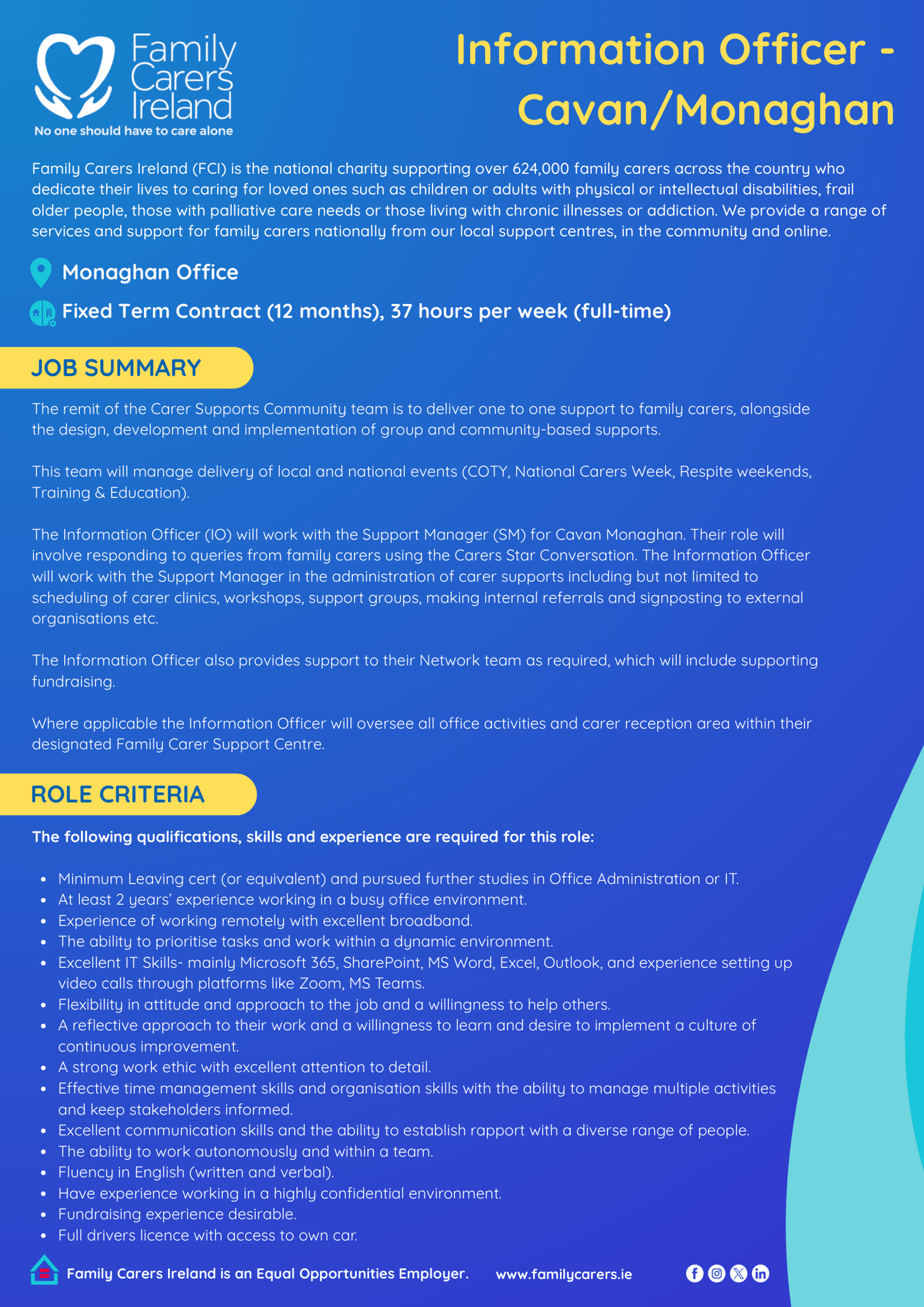 Family Carers Ireland Information Officer Cavan Monaghan Job Advertisement