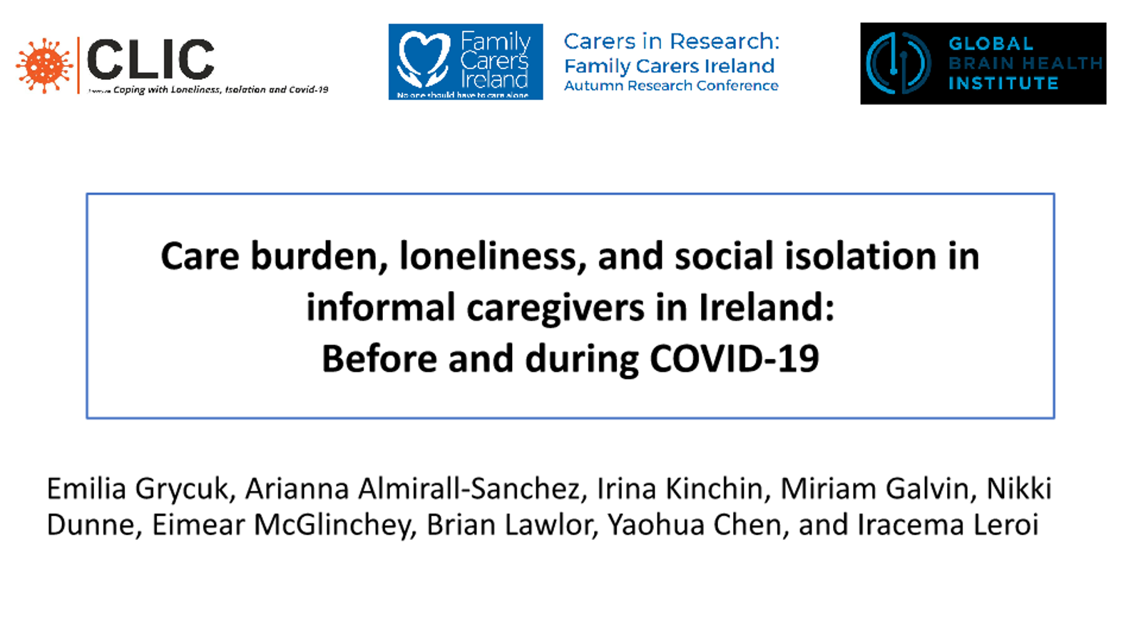 2. Emilia Grycuk & Dr Yaohua Chen, TCD, Care Burden, Loneliness, And Social Isolation In Informal Caregivers In Ireland Before And During COVID 19