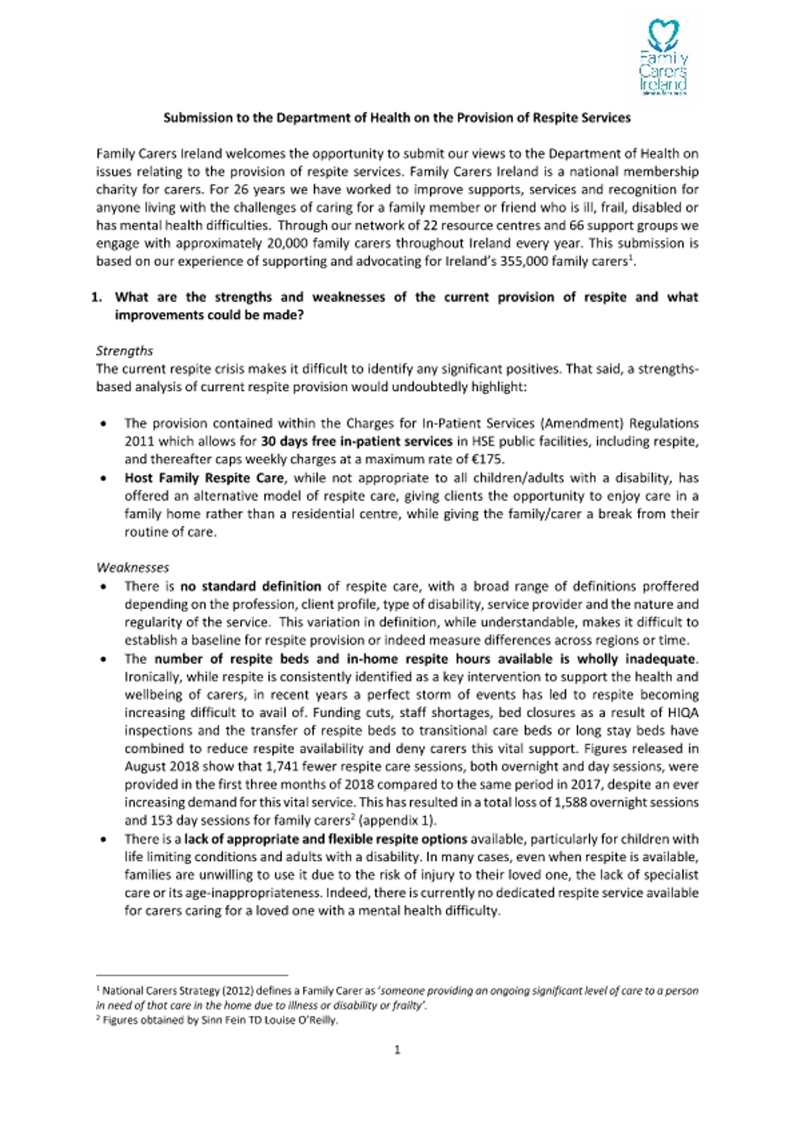 Submission To The Department Of Health On The Provision Of Respite Services (2018)