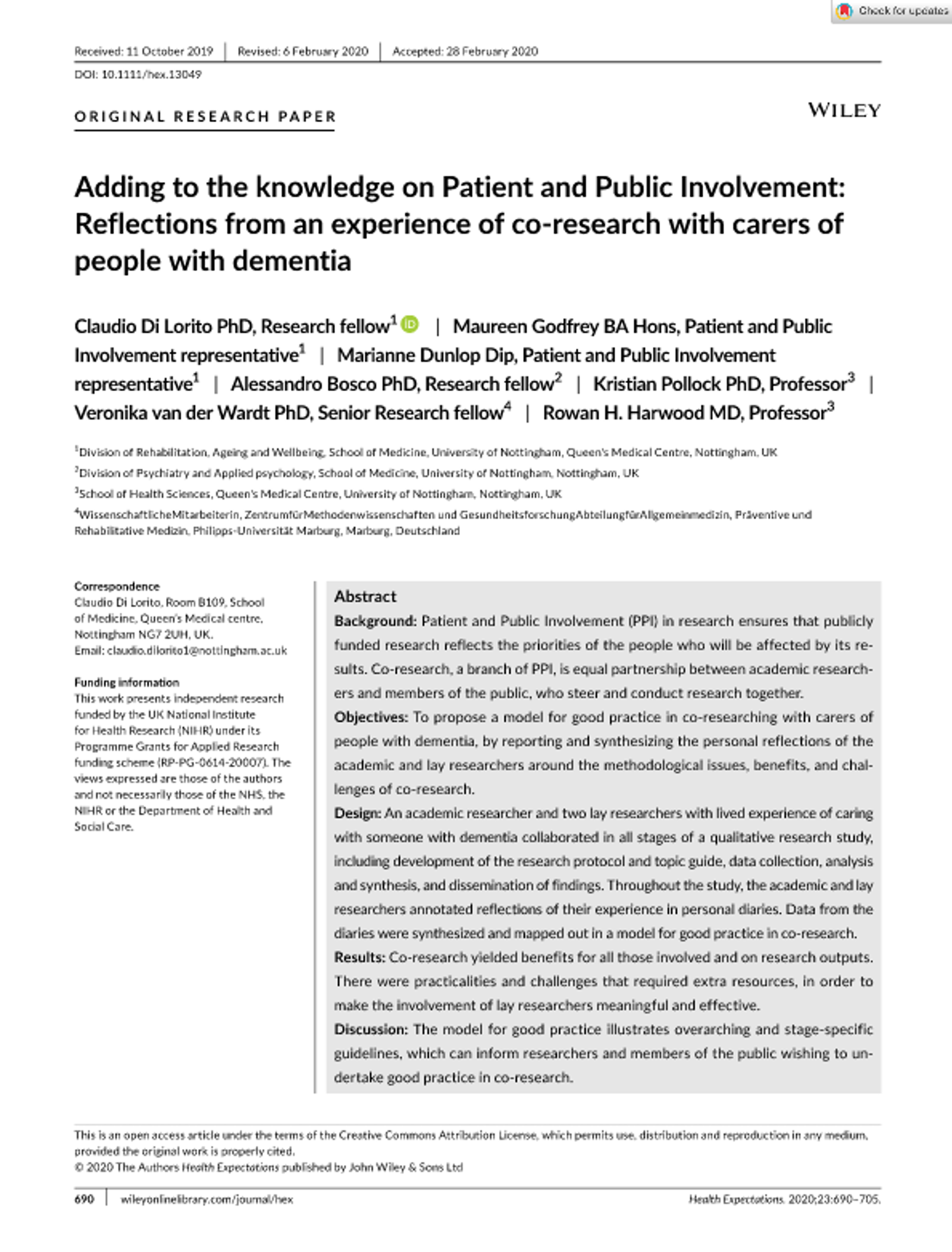 Health Expectations 2020 Di Lorito Adding To The Knowledge On Patient And Public Involvement Reflections From An