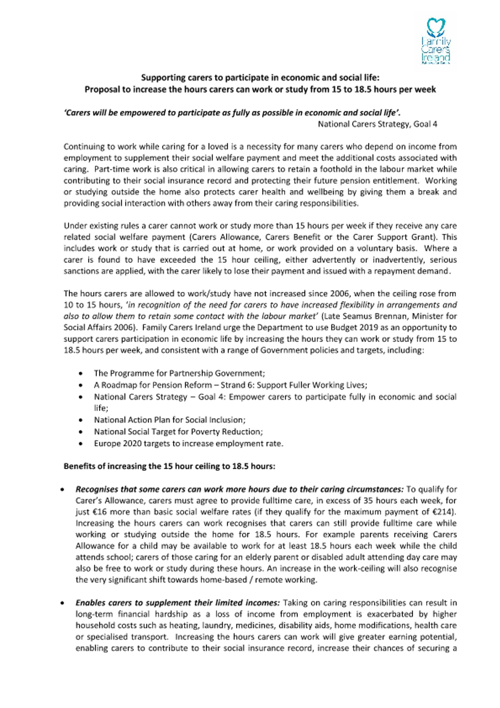 Proposal To Increase The Hours A Carer Can Work Or Study From 15 To 18.5 Hours (2018)