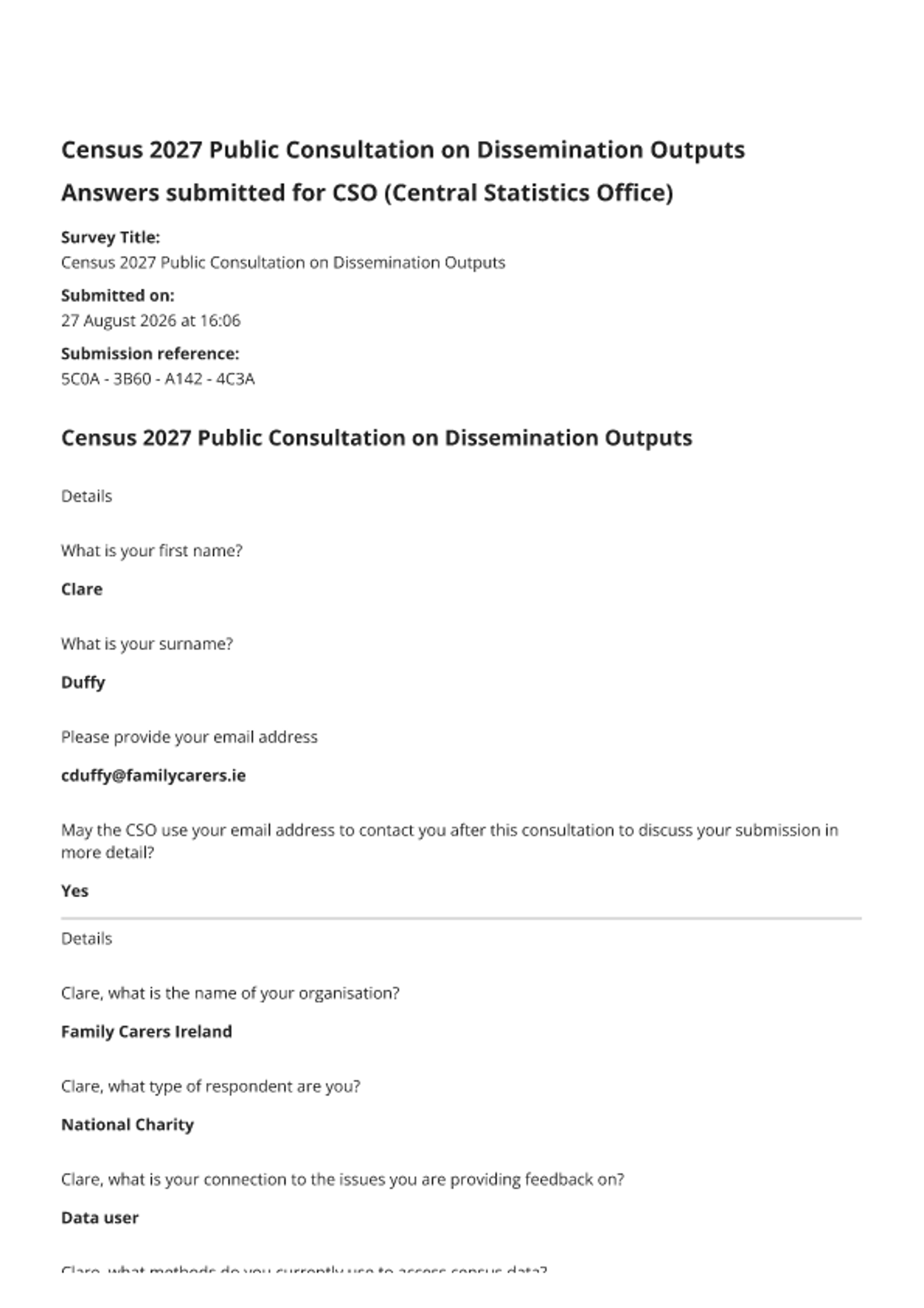Submission To The CSO - Census 2027 Public Consultation On Dissemination Outputs (2026)