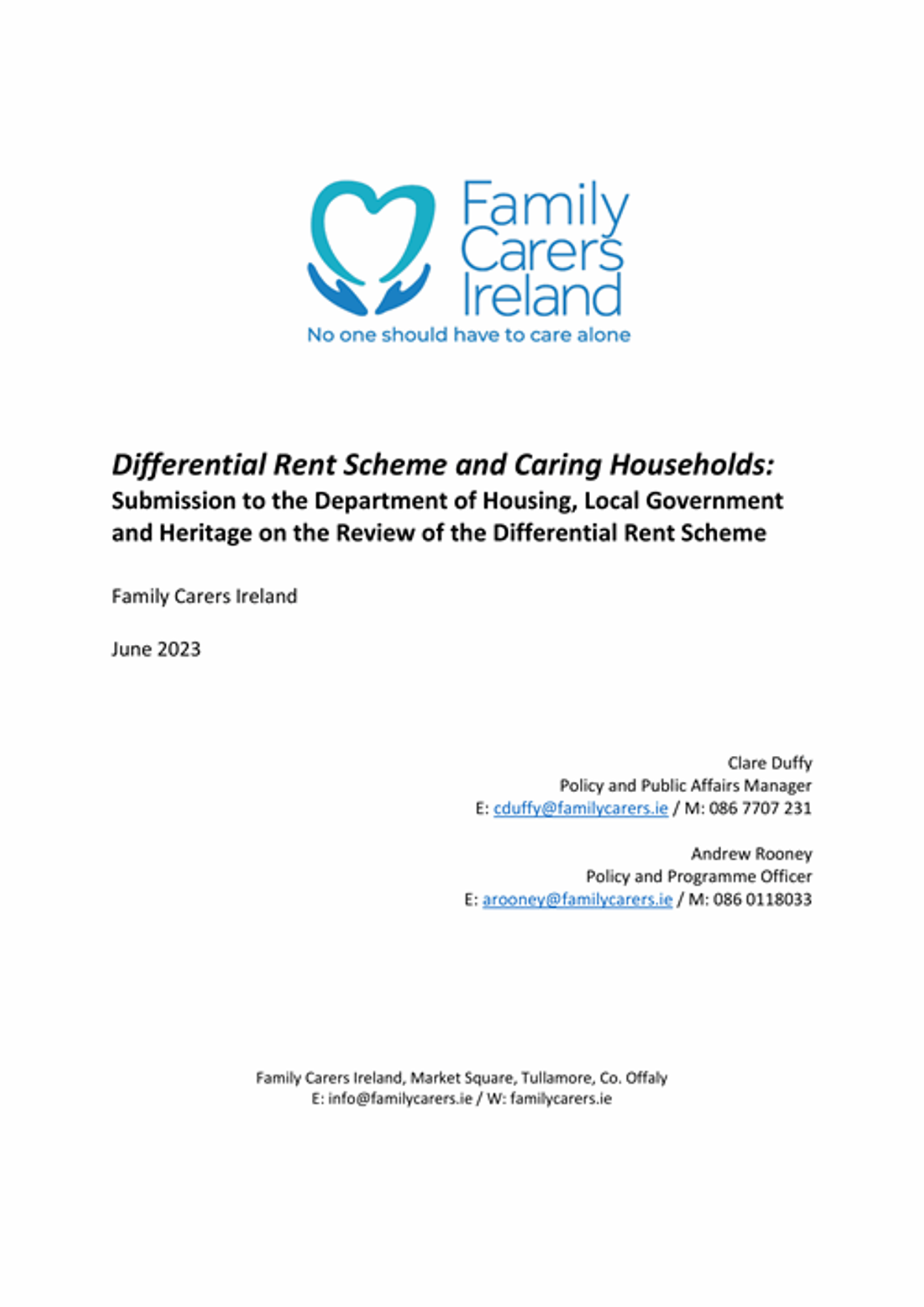 Differential Rent Scheme And Caring Households: Submission To The Department Of Housing, Local Government And Heritage On The Review Of The Differential Rent Scheme (2023)