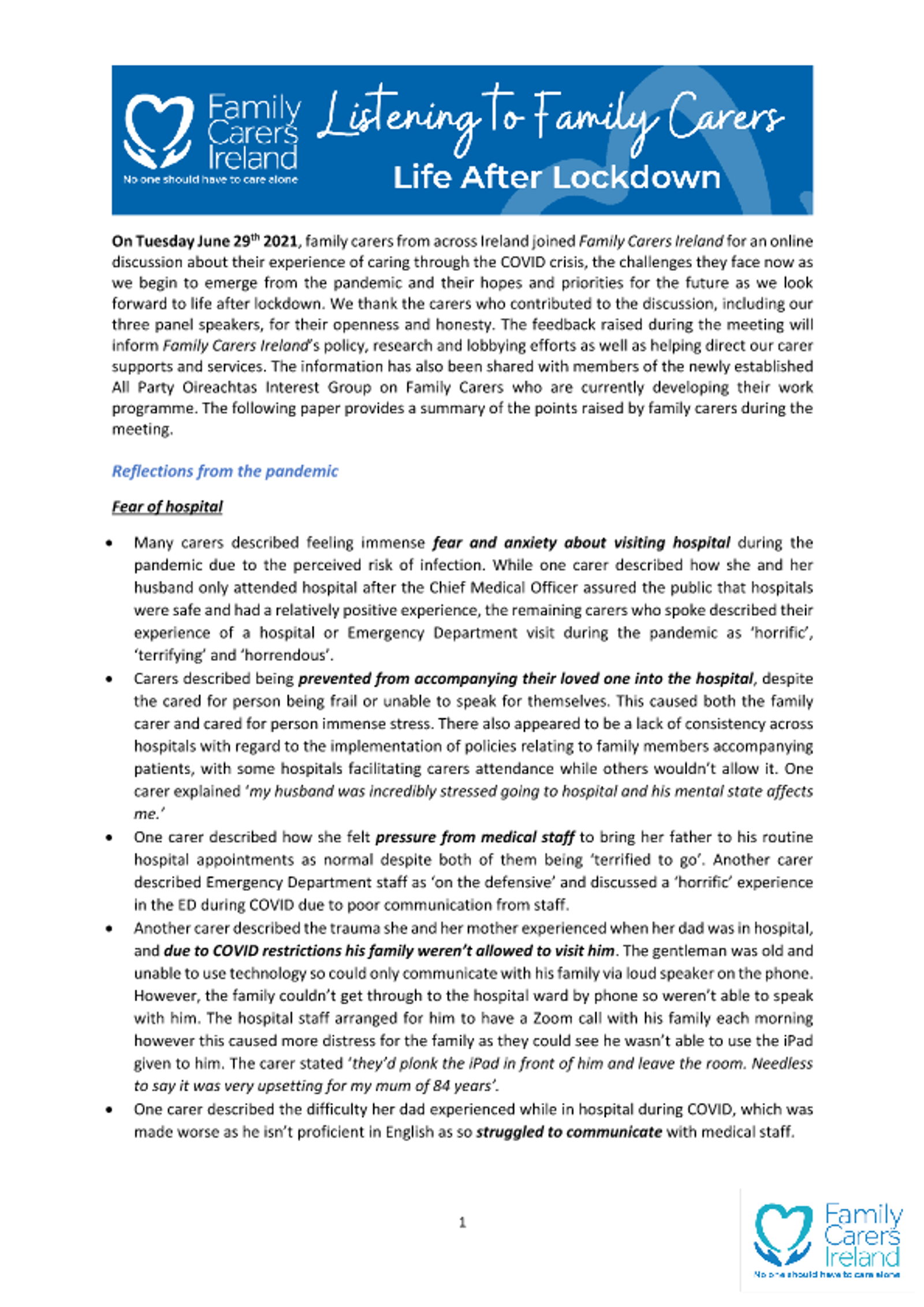 Listening To Carers A Synopsis Of Points Raised