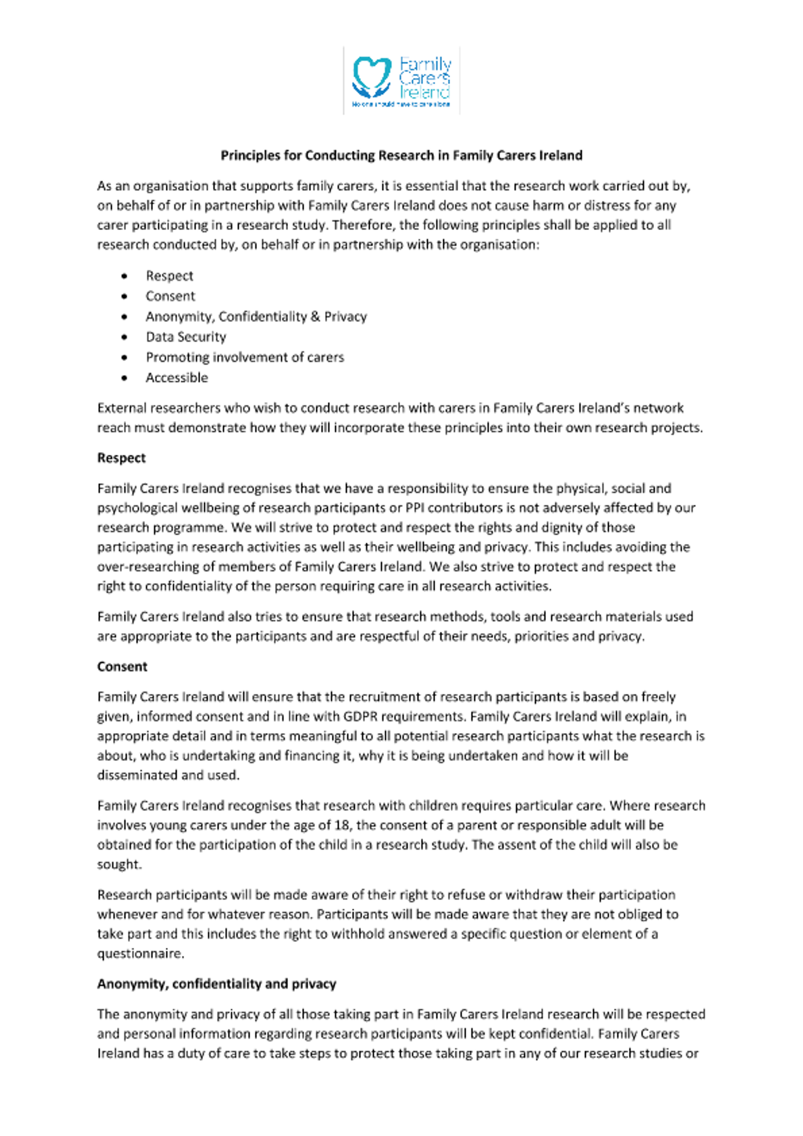 Principles For Conducting Research In Family Carers Ireland