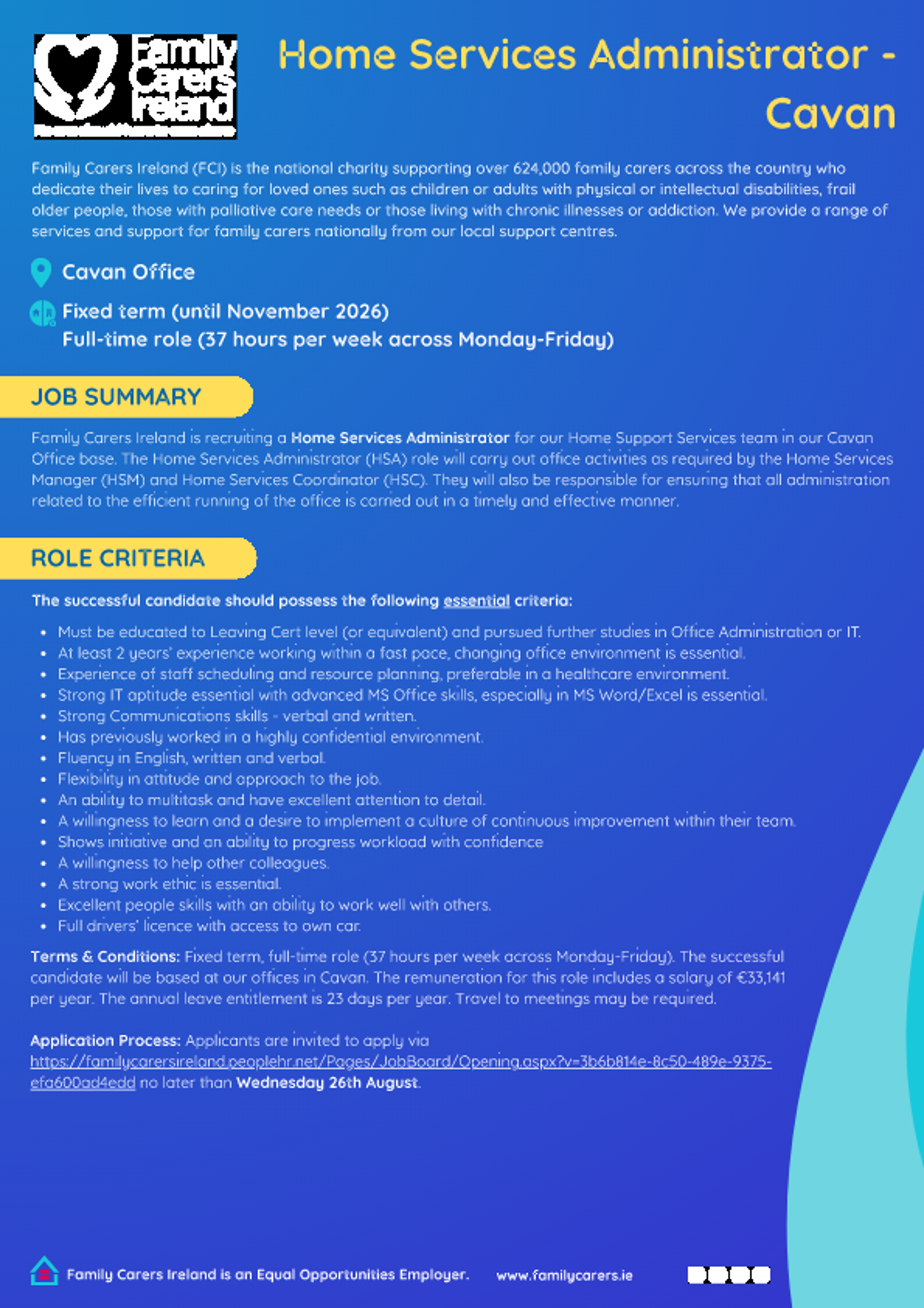 Family Carers Ireland Home Services Administrator Cavan Job Advertisement