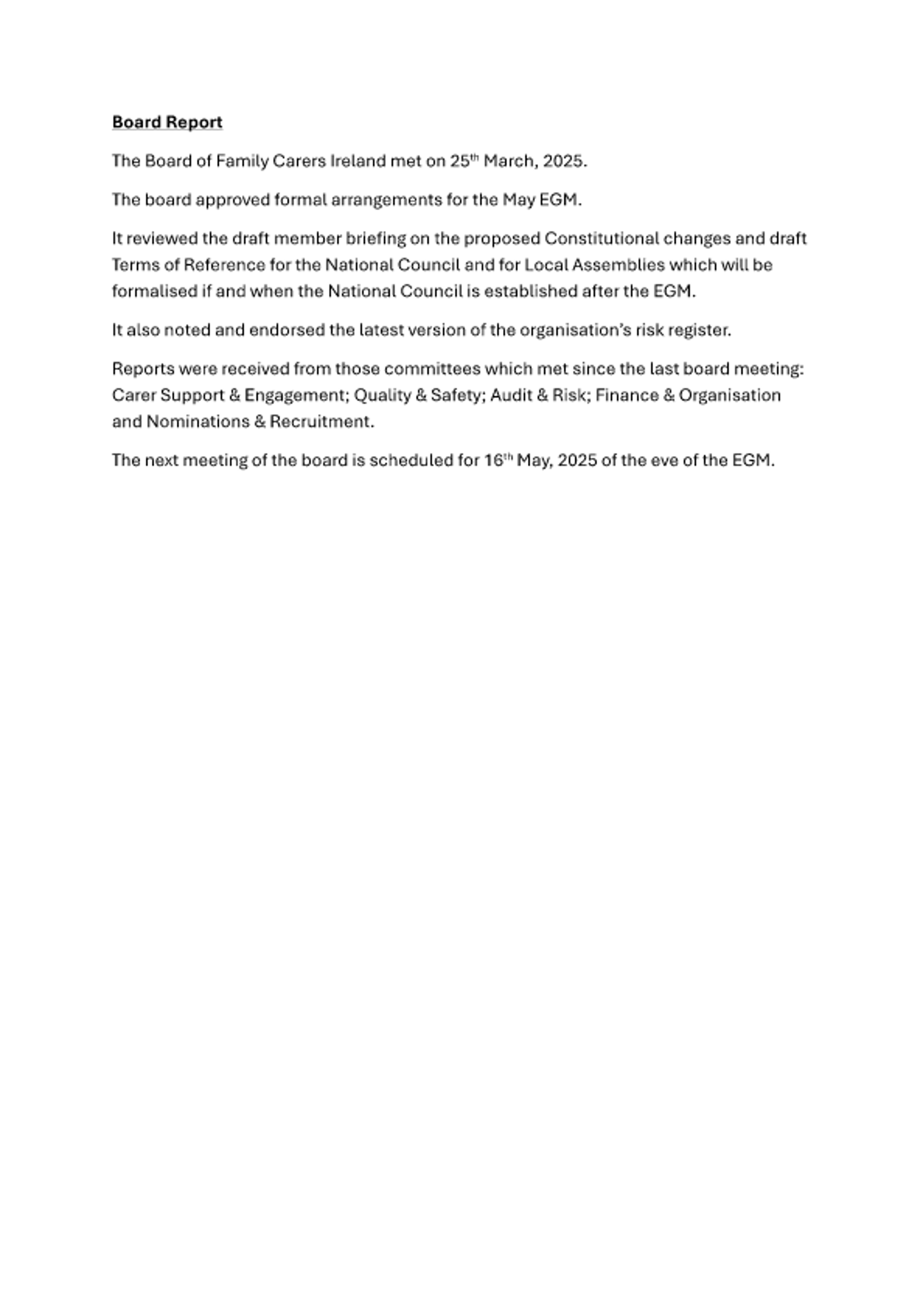 Board Report - 25th March 2025