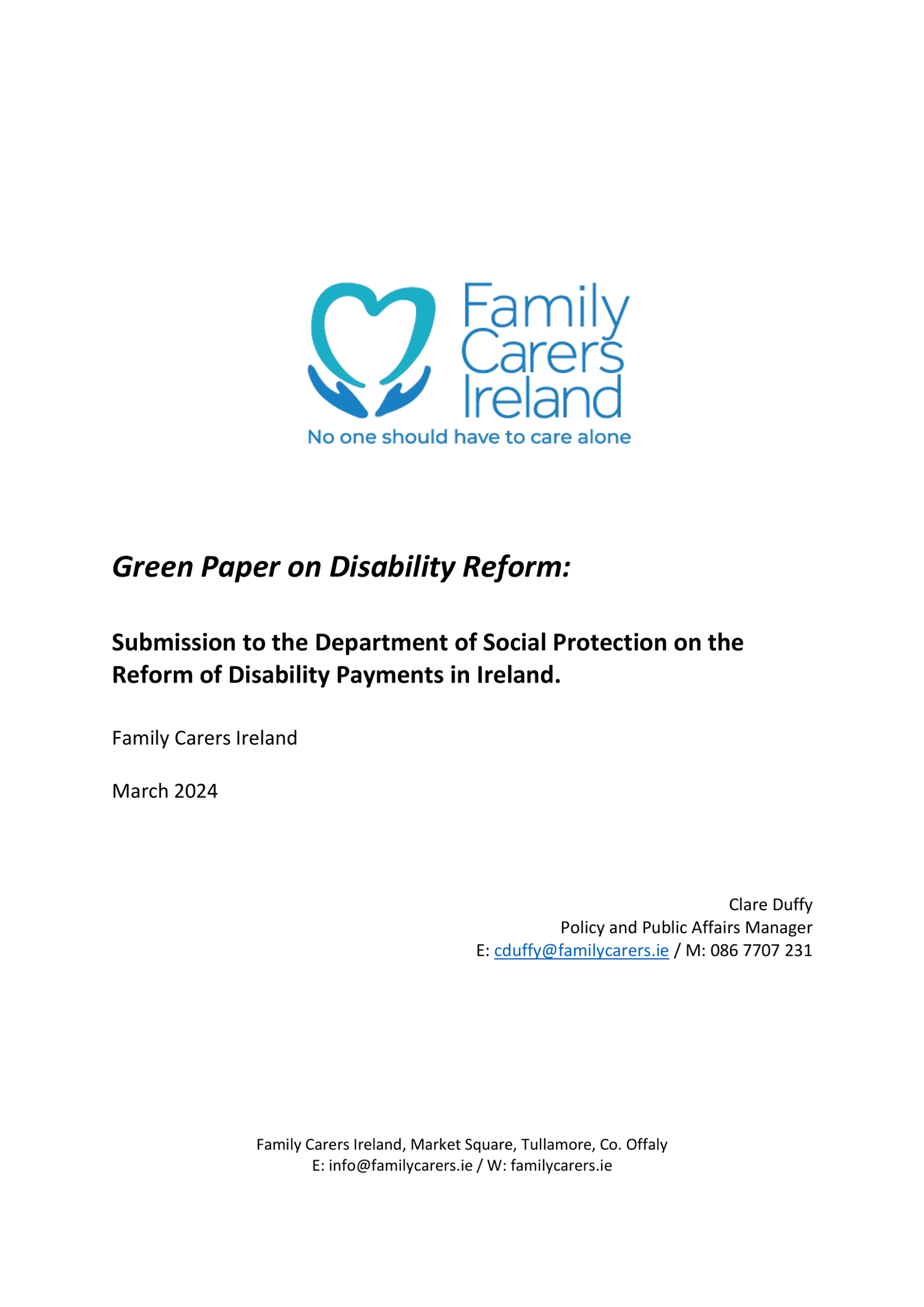 Submission To The Department Of Social Protection On The Green Paper On Disability Reform (2024)